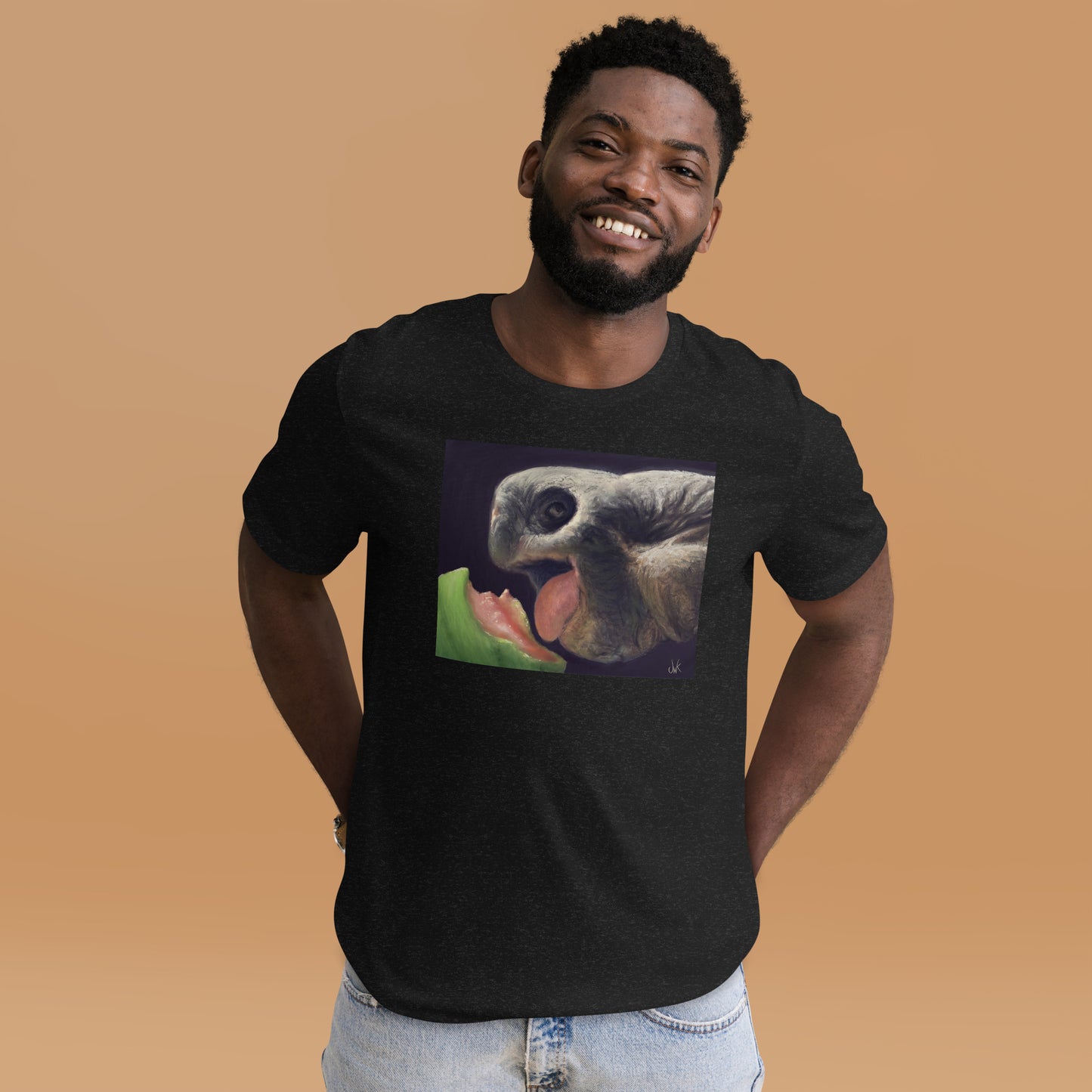 This digital wildlife animal painting print design is of a very cute tortoise munching on a juicy watermelon. These animals have large chubby bodies contained within massive heavy shells along with cute and sympathetic eyes. This digital wildlife animal painting print design is printed on a cozy t-shirt.