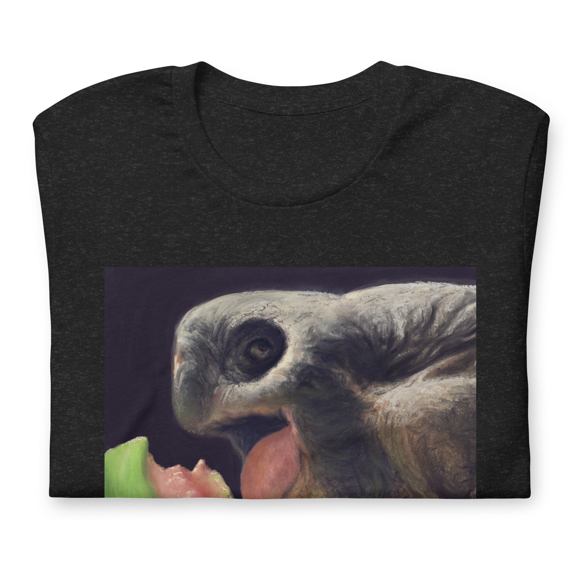 This digital wildlife animal painting print design is of a very cute tortoise munching on a juicy watermelon. These animals have large chubby bodies contained within massive heavy shells along with cute and sympathetic eyes. This digital wildlife animal painting print design is printed on a cozy t-shirt.