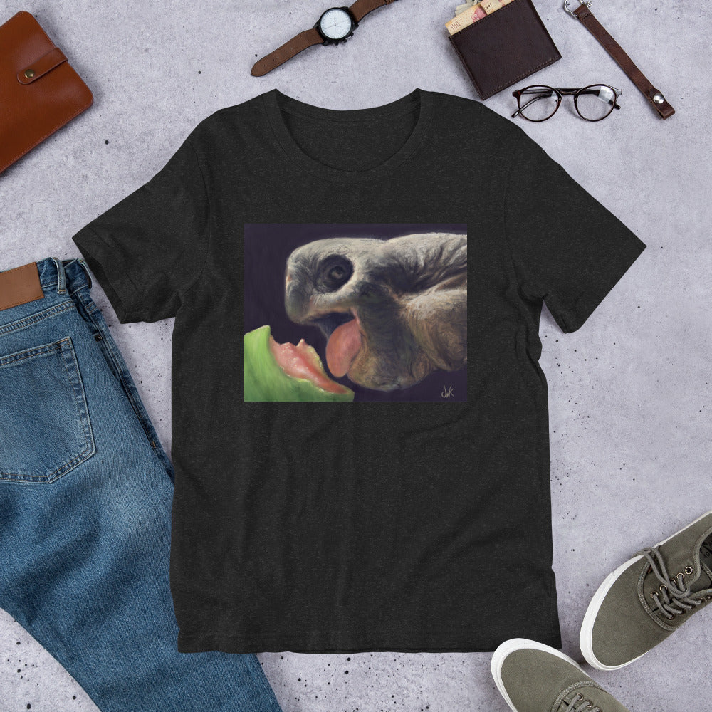 This digital wildlife animal painting print design is of a very cute tortoise munching on a juicy watermelon. These animals have large chubby bodies contained within massive heavy shells along with cute and sympathetic eyes. This digital wildlife animal painting print design is printed on a cozy t-shirt.