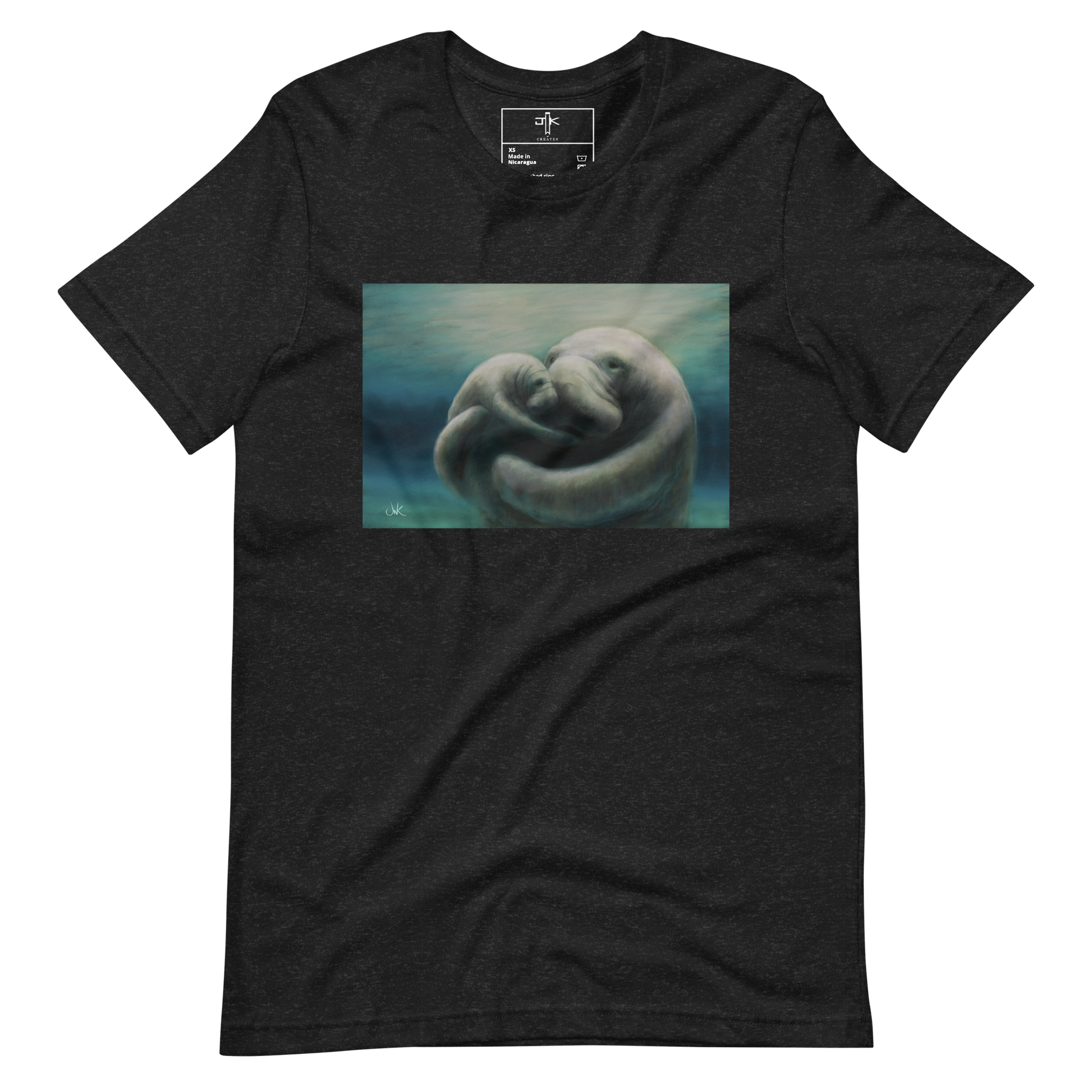 In this print of a digital painting, I tried to capture my love for manatees by showcasing a mother and her calf snuggling. Manatees are natural inhabitants of my state, Florida, especially during the winter months when the warmth of the springs draws them in. This digital wildlife animal painting design is printed on a cozy t-shirt.