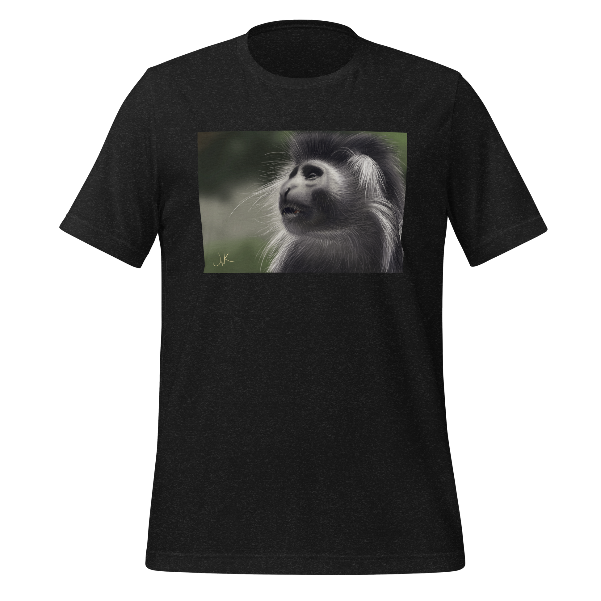 This is a print of a digital painting featuring an Angolan Colobus Monkey. This long-haired monkey can be found in the Congo and Angola. These cute monkeys have long facial hair and slanted noses along with cute and sympathetic eyes. This design comes printed on a cozy t-shirt.