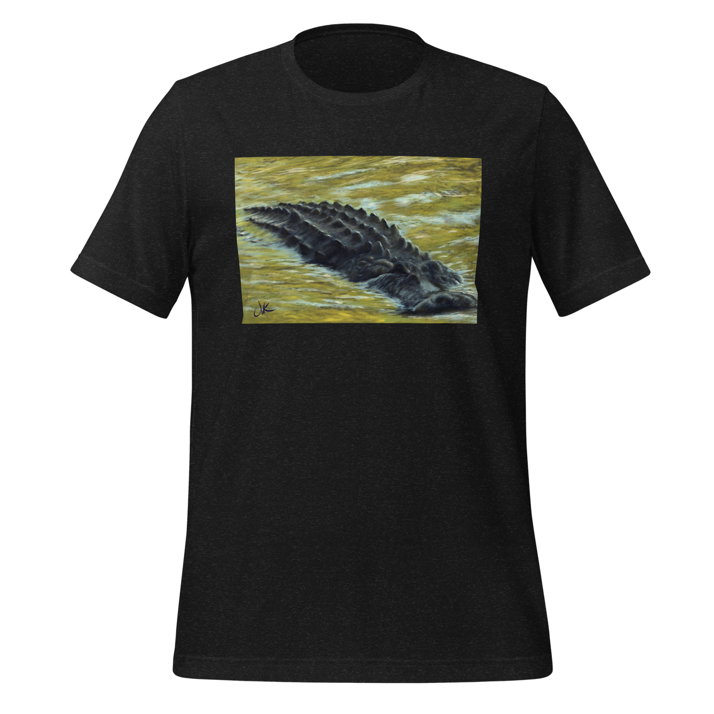 Inspired by the numerous inhabitants of my state, Florida, this print of a digital painting showcases a gator as it floats through the reflective water of an afternoon in the fall when all the leaves are changing color. These reptiles have long snouts and powerful jaws along with dark chilling eyes. This design comes on a very cozy t-shirt.