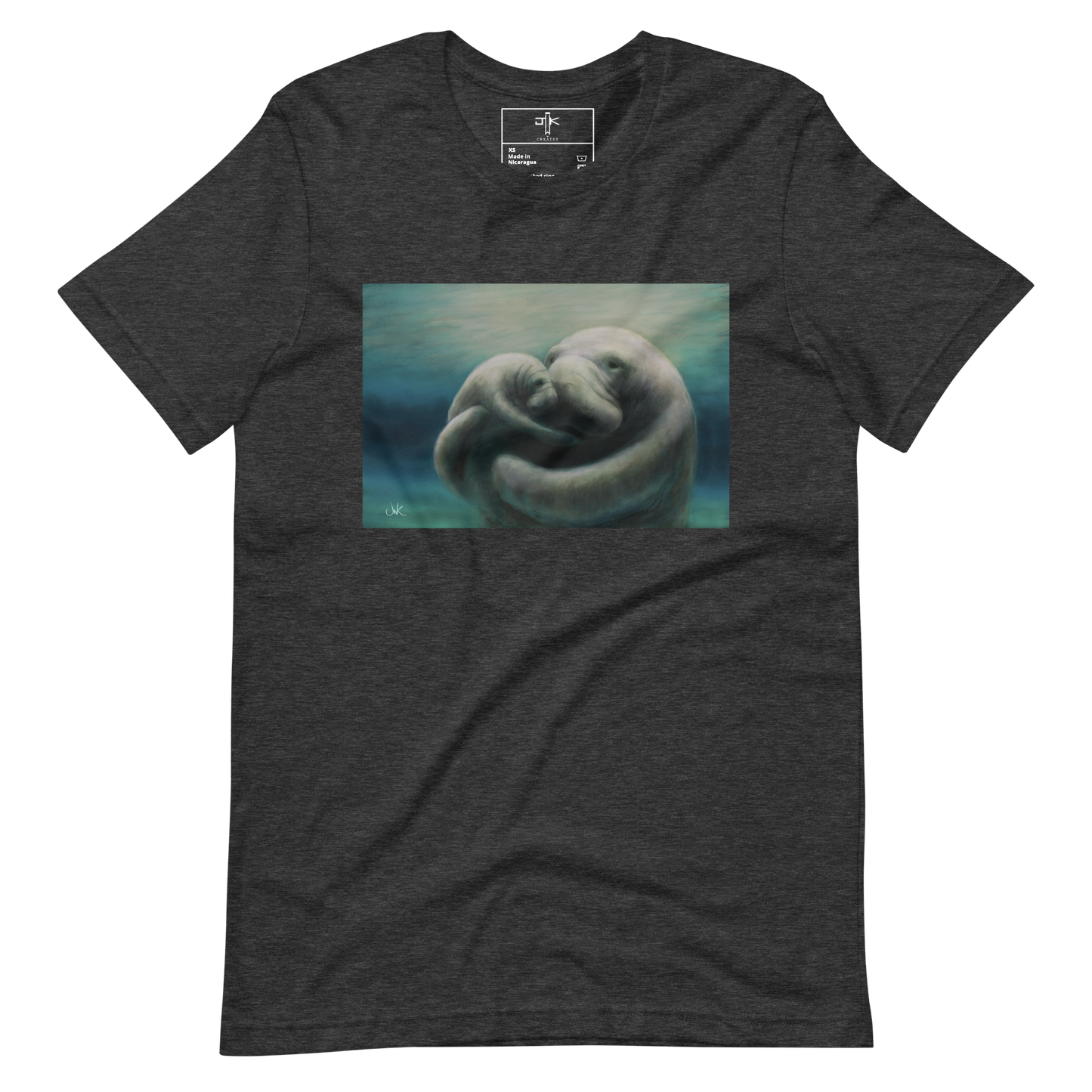 In this print of a digital painting, I tried to capture my love for manatees by showcasing a mother and her calf snuggling. Manatees are natural inhabitants of my state, Florida, especially during the winter months when the warmth of the springs draws them in. This digital wildlife animal painting design is printed on a cozy t-shirt.