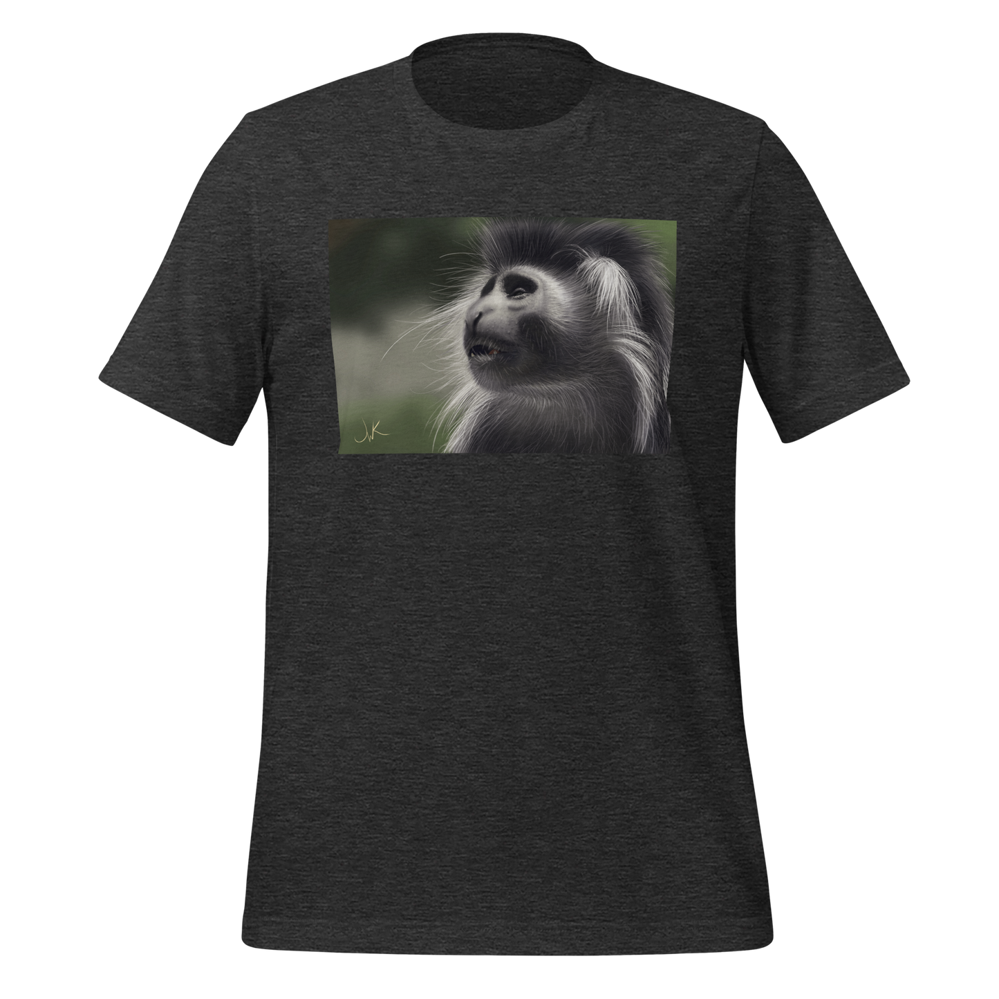 This is a print of a digital painting featuring an Angolan Colobus Monkey. This long-haired monkey can be found in the Congo and Angola. These cute monkeys have long facial hair and slanted noses along with cute and sympathetic eyes. This design comes printed on a cozy t-shirt.