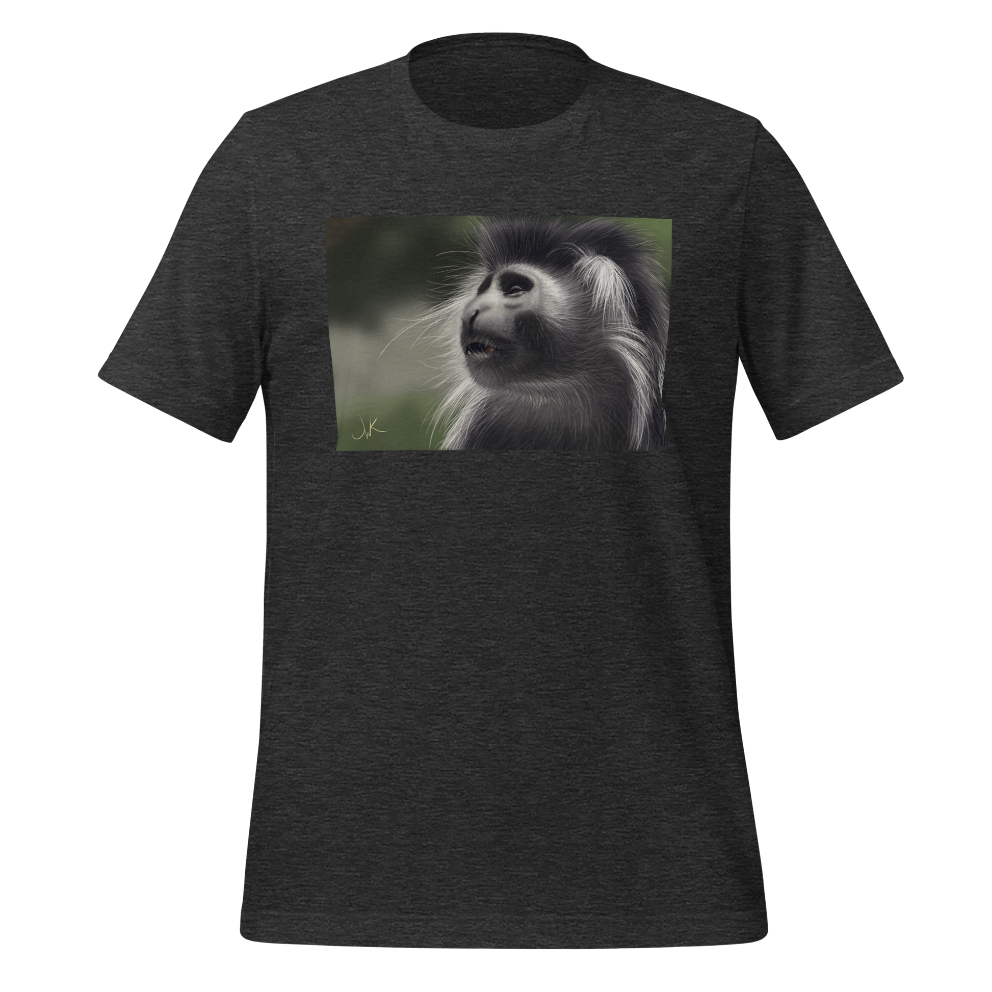 This is a print of a digital painting featuring an Angolan Colobus Monkey. This long-haired monkey can be found in the Congo and Angola. These cute monkeys have long facial hair and slanted noses along with cute and sympathetic eyes. This design comes printed on a cozy t-shirt.