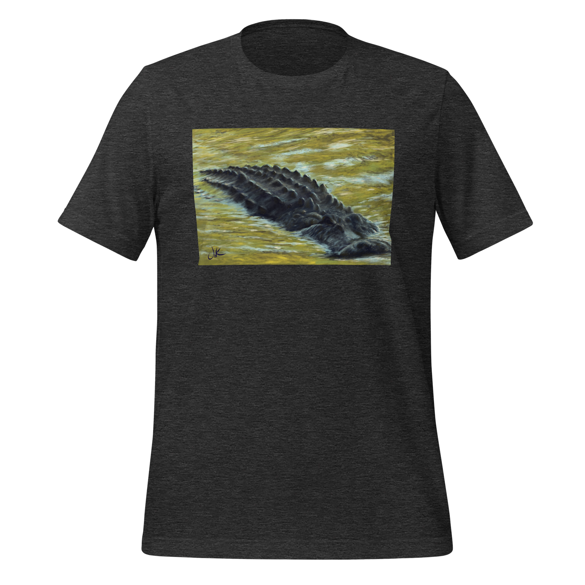 Inspired by the numerous inhabitants of my state, Florida, this print of a digital painting showcases a gator as it floats through the reflective water of an afternoon in the fall when all the leaves are changing color. These reptiles have long snouts and powerful jaws along with dark chilling eyes. This design comes on a very cozy t-shirt.