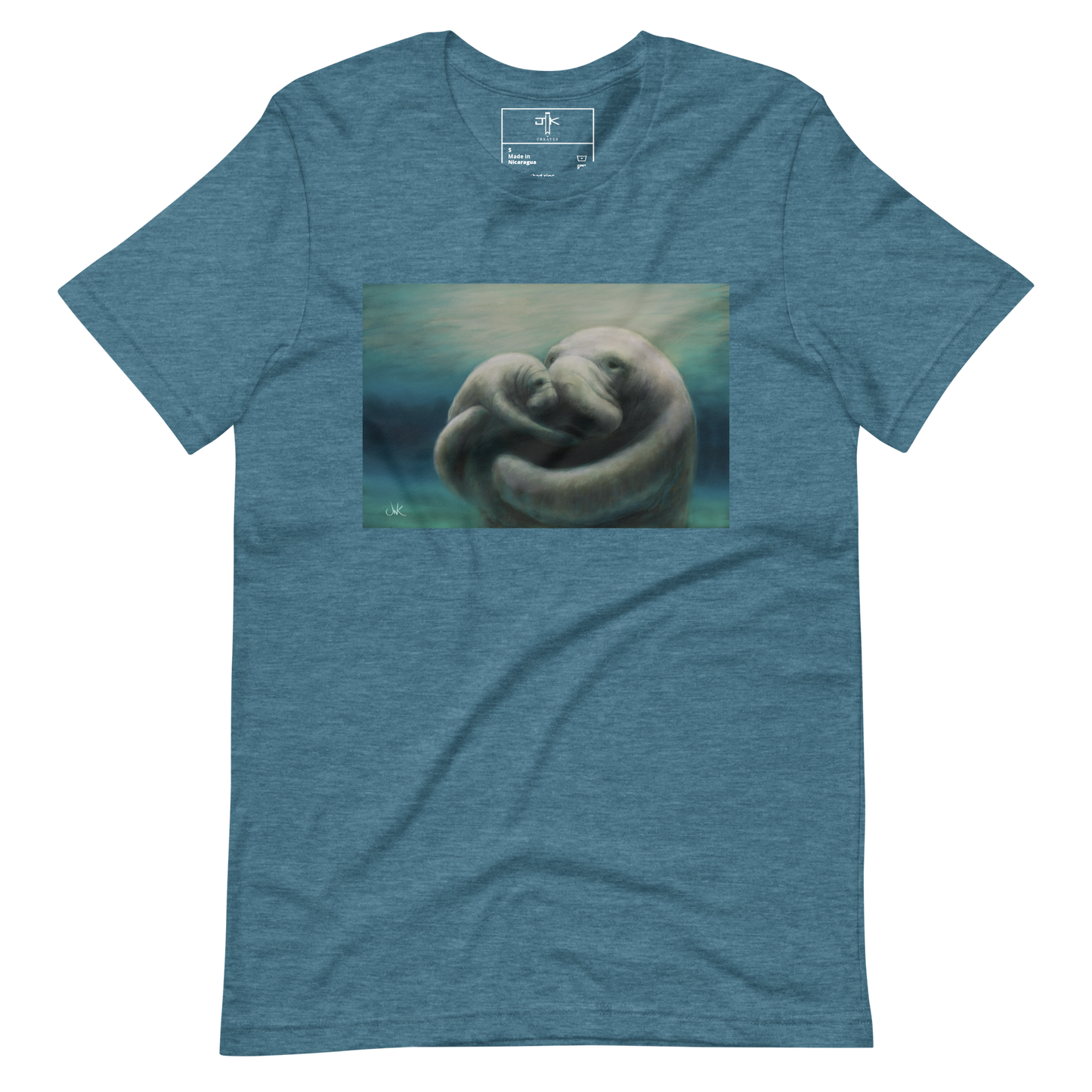 In this print of a digital painting, I tried to capture my love for manatees by showcasing a mother and her calf snuggling. Manatees are natural inhabitants of my state, Florida, especially during the winter months when the warmth of the springs draws them in. This digital wildlife animal painting design is printed on a cozy t-shirt.