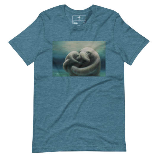 In this print of a digital painting, I tried to capture my love for manatees by showcasing a mother and her calf snuggling. Manatees are natural inhabitants of my state, Florida, especially during the winter months when the warmth of the springs draws them in. This digital wildlife animal painting design is printed on a cozy t-shirt.