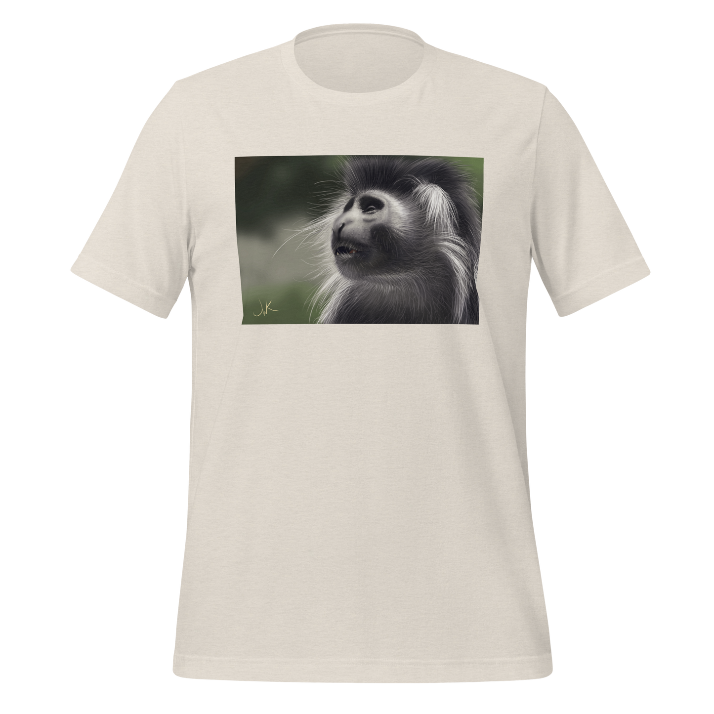 This is a print of a digital painting featuring an Angolan Colobus Monkey. This long-haired monkey can be found in the Congo and Angola. These cute monkeys have long facial hair and slanted noses along with cute and sympathetic eyes. This design comes printed on a cozy t-shirt.