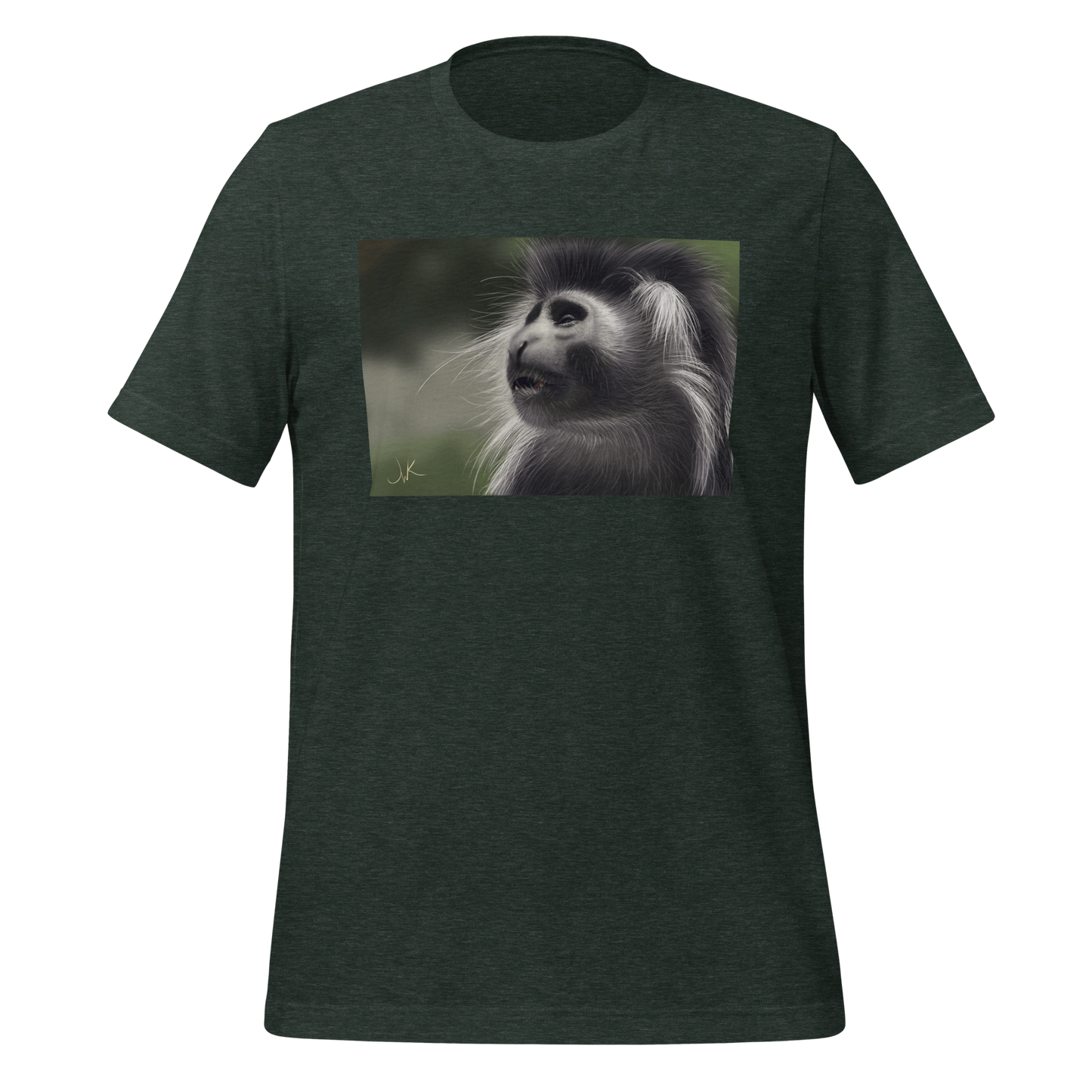 This is a print of a digital painting featuring an Angolan Colobus Monkey. This long-haired monkey can be found in the Congo and Angola. These cute monkeys have long facial hair and slanted noses along with cute and sympathetic eyes. This design comes printed on a cozy t-shirt.