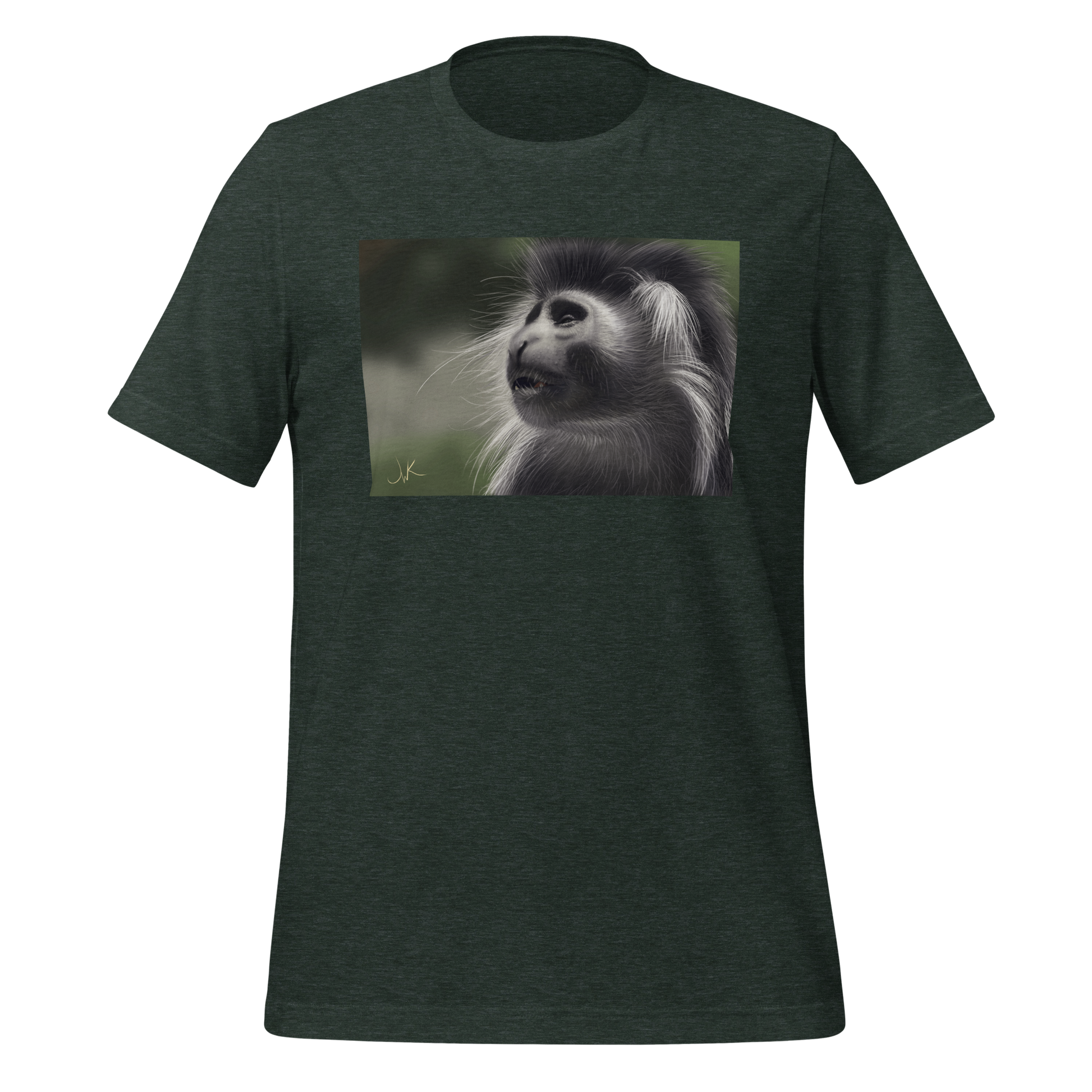 This is a print of a digital painting featuring an Angolan Colobus Monkey. This long-haired monkey can be found in the Congo and Angola. These cute monkeys have long facial hair and slanted noses along with cute and sympathetic eyes. This design comes printed on a cozy t-shirt.