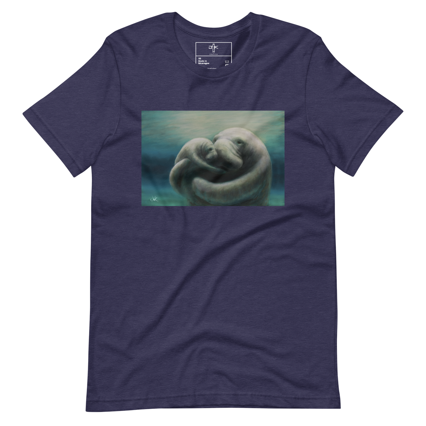 In this print of a digital painting, I tried to capture my love for manatees by showcasing a mother and her calf snuggling. Manatees are natural inhabitants of my state, Florida, especially during the winter months when the warmth of the springs draws them in. This digital wildlife animal painting design is printed on a cozy t-shirt.