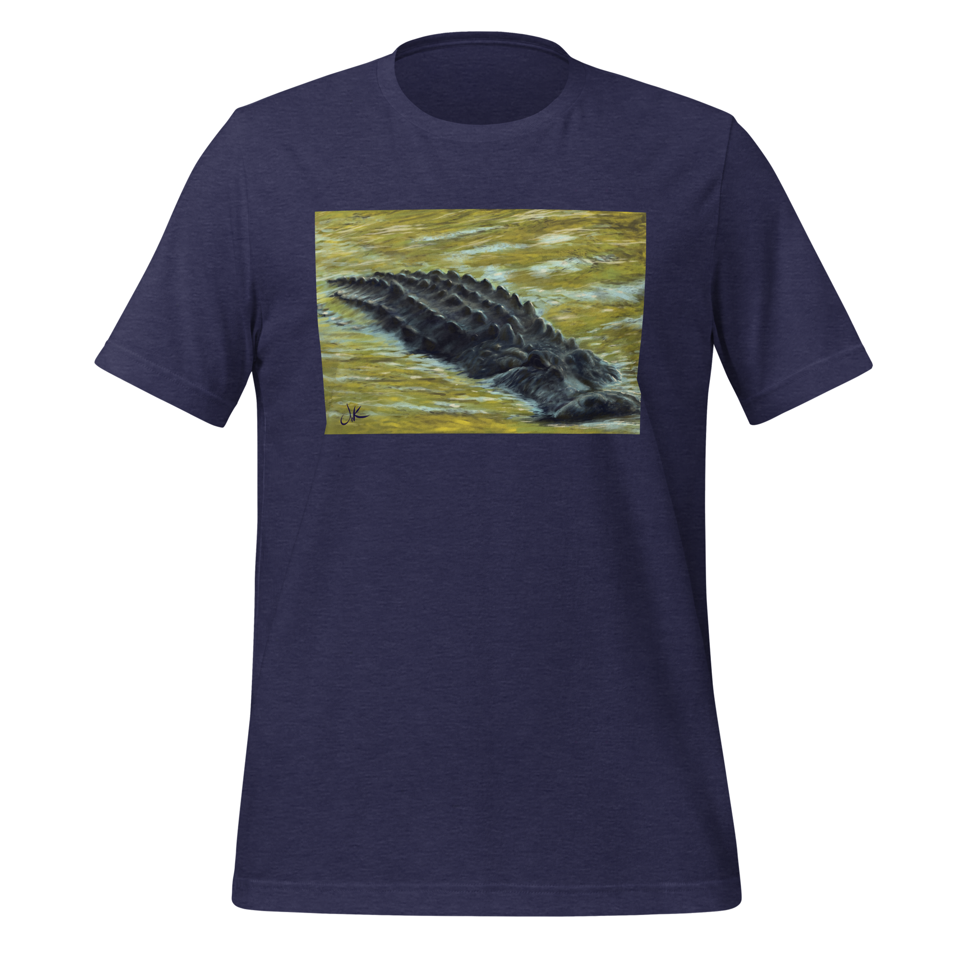 Inspired by the numerous inhabitants of my state, Florida, this print of a digital painting showcases a gator as it floats through the reflective water of an afternoon in the fall when all the leaves are changing color. These reptiles have long snouts and powerful jaws along with dark chilling eyes. This design comes on a very cozy t-shirt.