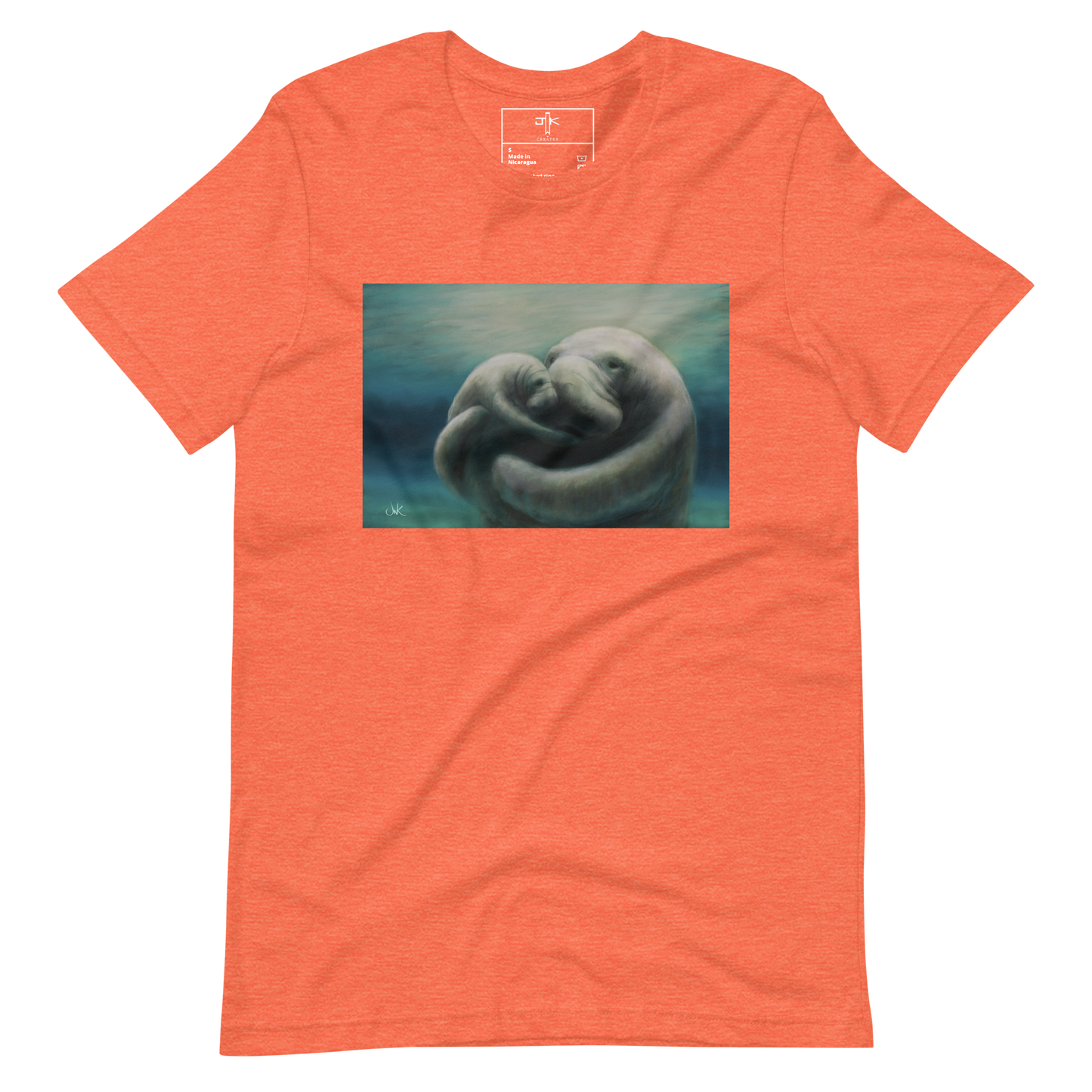 In this print of a digital painting, I tried to capture my love for manatees by showcasing a mother and her calf snuggling. Manatees are natural inhabitants of my state, Florida, especially during the winter months when the warmth of the springs draws them in. This digital wildlife animal painting design is printed on a cozy t-shirt.