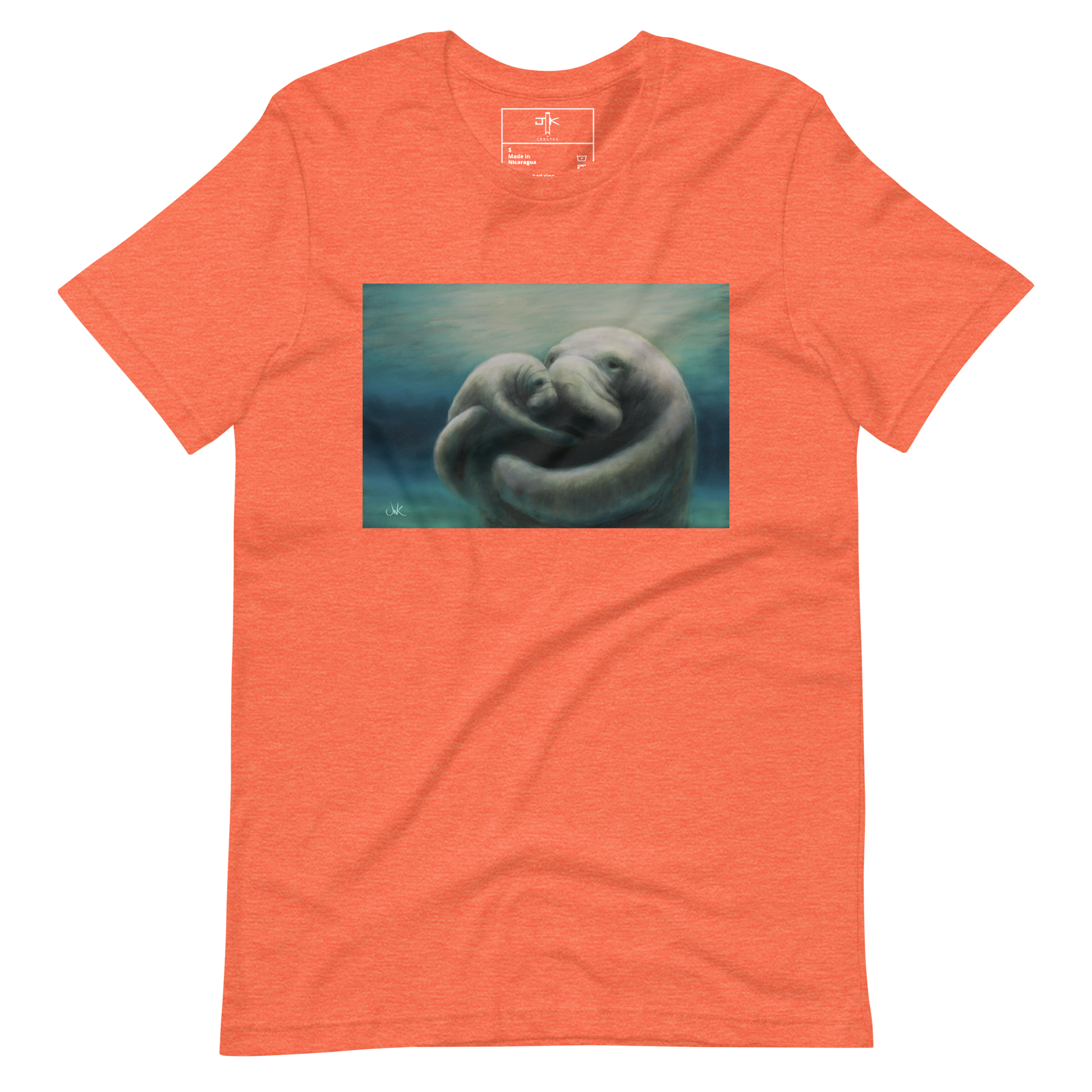 In this print of a digital painting, I tried to capture my love for manatees by showcasing a mother and her calf snuggling. Manatees are natural inhabitants of my state, Florida, especially during the winter months when the warmth of the springs draws them in. This digital wildlife animal painting design is printed on a cozy t-shirt.