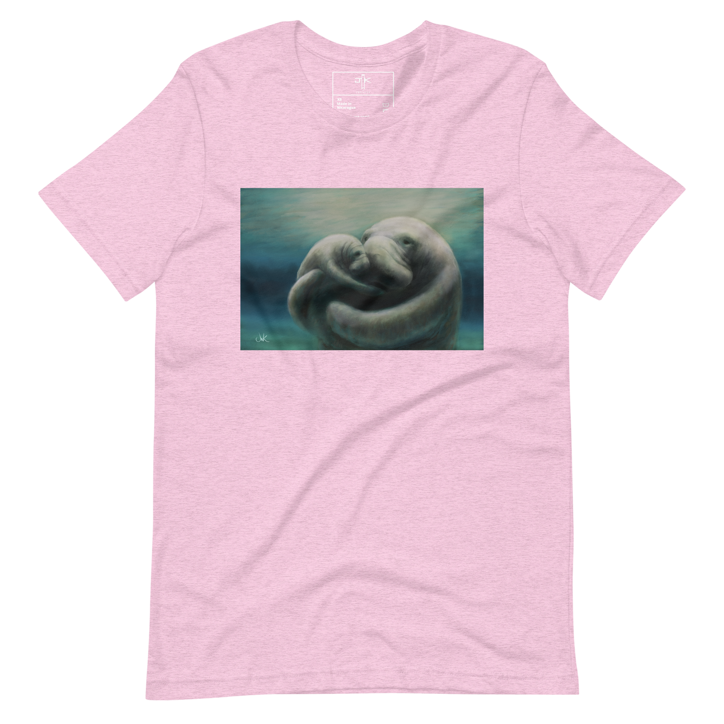 In this print of a digital painting, I tried to capture my love for manatees by showcasing a mother and her calf snuggling. Manatees are natural inhabitants of my state, Florida, especially during the winter months when the warmth of the springs draws them in. This digital wildlife animal painting design is printed on a cozy t-shirt.