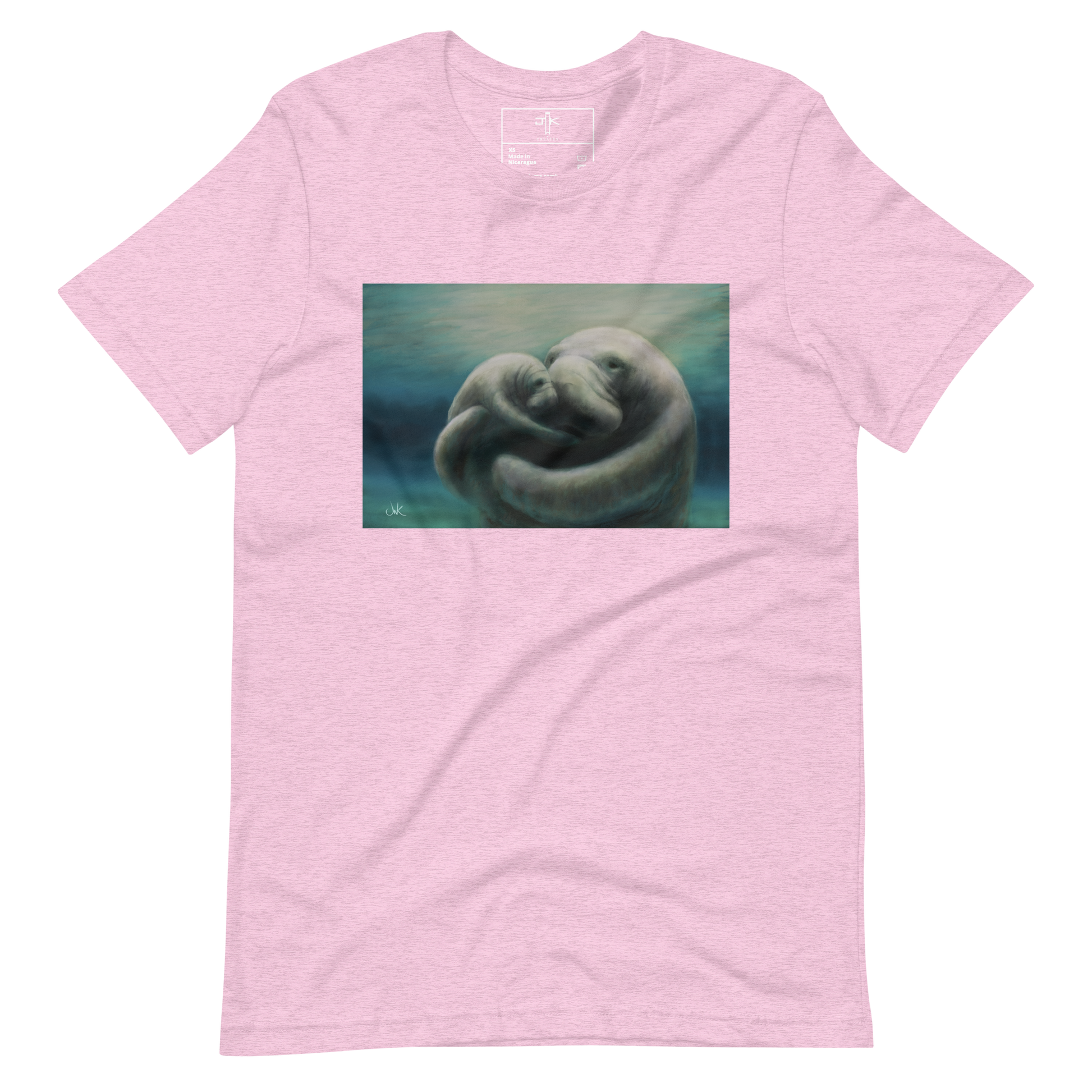 In this print of a digital painting, I tried to capture my love for manatees by showcasing a mother and her calf snuggling. Manatees are natural inhabitants of my state, Florida, especially during the winter months when the warmth of the springs draws them in. This digital wildlife animal painting design is printed on a cozy t-shirt.