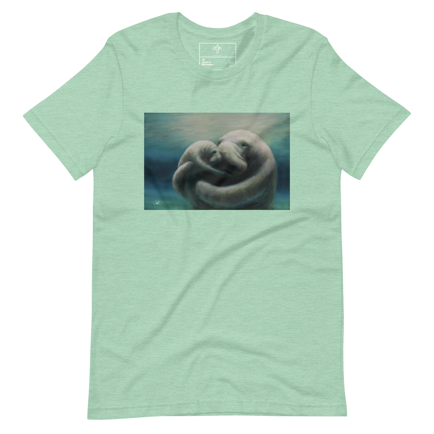 In this print of a digital painting, I tried to capture my love for manatees by showcasing a mother and her calf snuggling. Manatees are natural inhabitants of my state, Florida, especially during the winter months when the warmth of the springs draws them in. This digital wildlife animal painting design is printed on a cozy t-shirt.