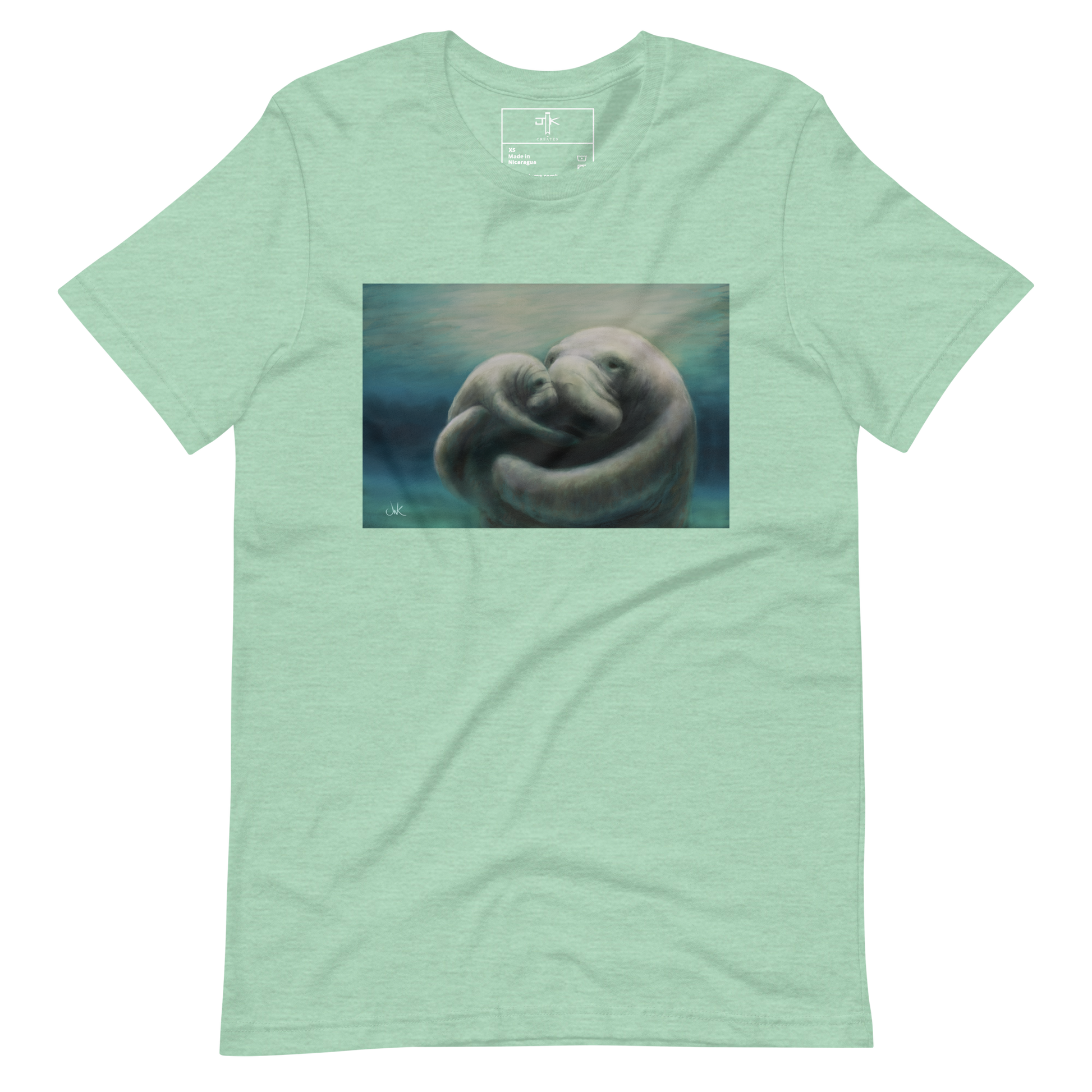 In this print of a digital painting, I tried to capture my love for manatees by showcasing a mother and her calf snuggling. Manatees are natural inhabitants of my state, Florida, especially during the winter months when the warmth of the springs draws them in. This digital wildlife animal painting design is printed on a cozy t-shirt.