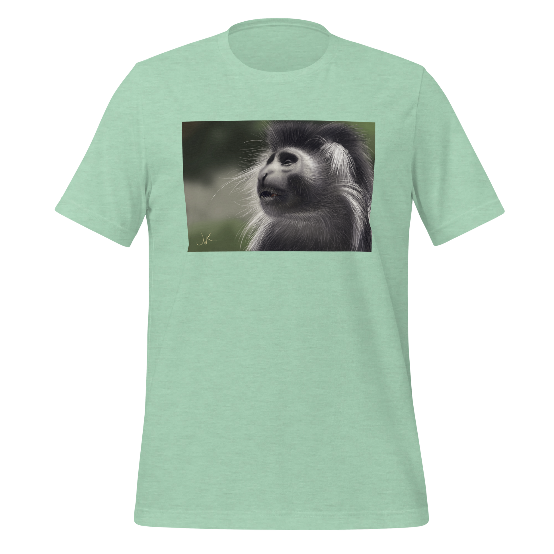 This is a print of a digital painting featuring an Angolan Colobus Monkey. This long-haired monkey can be found in the Congo and Angola. These cute monkeys have long facial hair and slanted noses along with cute and sympathetic eyes. This design comes printed on a cozy t-shirt.