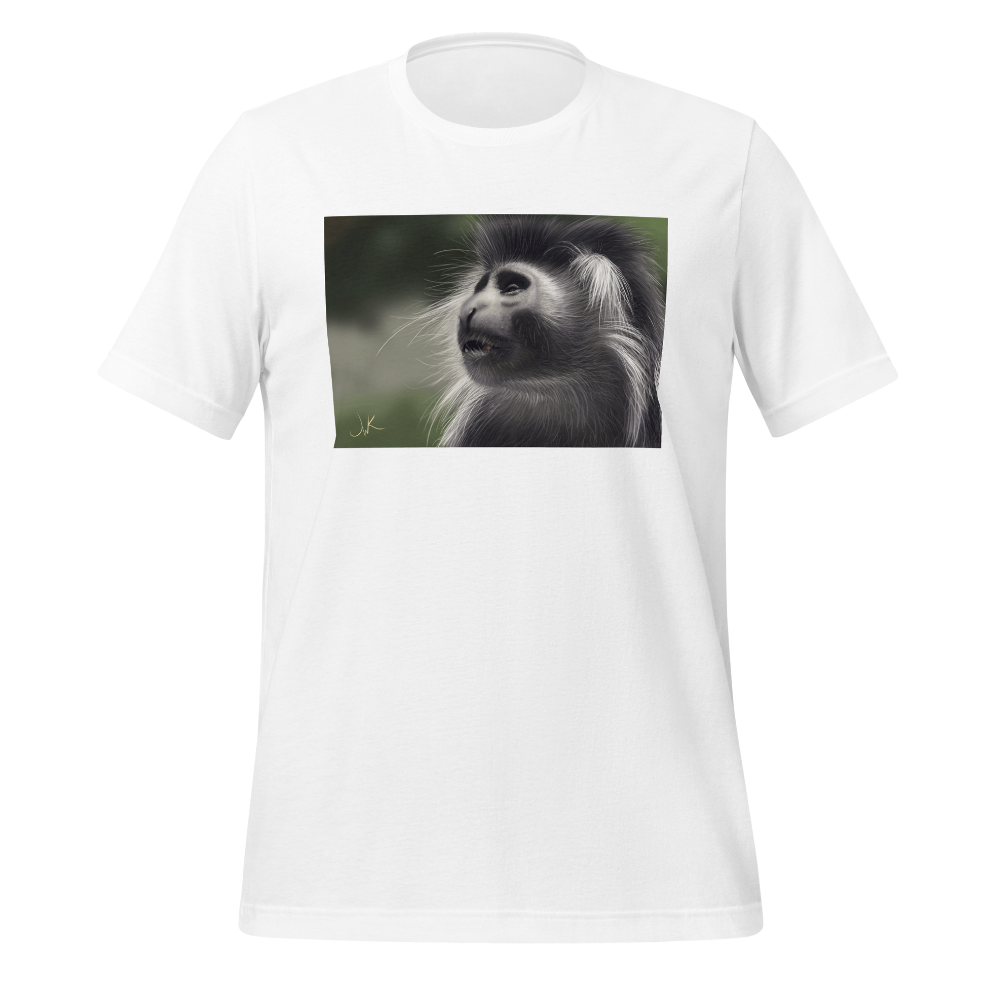 This is a print of a digital painting featuring an Angolan Colobus Monkey. This long-haired monkey can be found in the Congo and Angola. These cute monkeys have long facial hair and slanted noses along with cute and sympathetic eyes. This design comes printed on a cozy t-shirt.