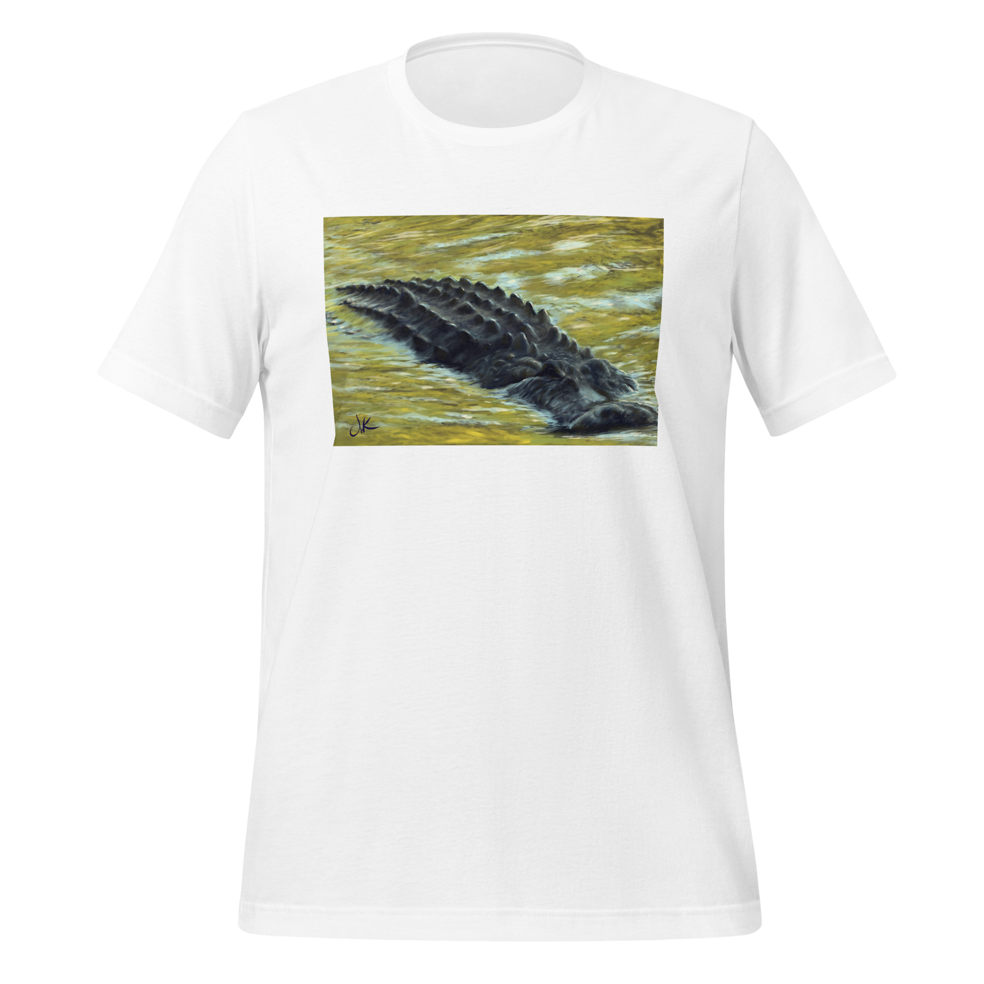 Inspired by the numerous inhabitants of my state, Florida, this print of a digital painting showcases a gator as it floats through the reflective water of an afternoon in the fall when all the leaves are changing color. These reptiles have long snouts and powerful jaws along with dark chilling eyes. This design comes on a very cozy t-shirt.