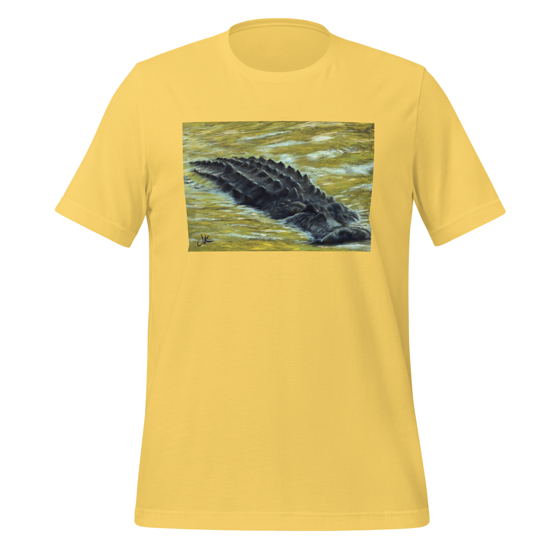 Inspired by the numerous inhabitants of my state, Florida, this print of a digital painting showcases a gator as it floats through the reflective water of an afternoon in the fall when all the leaves are changing color. These reptiles have long snouts and powerful jaws along with dark chilling eyes. This design comes on a very cozy t-shirt.