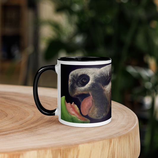 This digital wildlife animal painting print design is of a very cute tortoise munching on a juicy watermelon. These animals have large chubby bodies contained within massive heavy shells along with cute and sympathetic eyes. This digital wildlife animal painting print design is printed on colored mugs perfect for enjoying your favorite beverages.