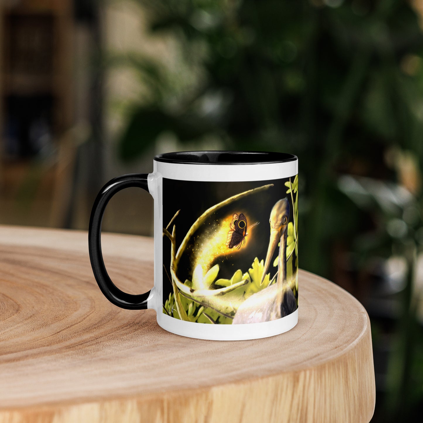 This printed mug of a digital painting is the first image in an ongoing series where animals meet special glowing insects face to face. In this particular encounter, a tricolor crane meets a luminescent butterfly. This digital wildlife animal painting print design is printed on colored mugs perfect for delicious beverages.