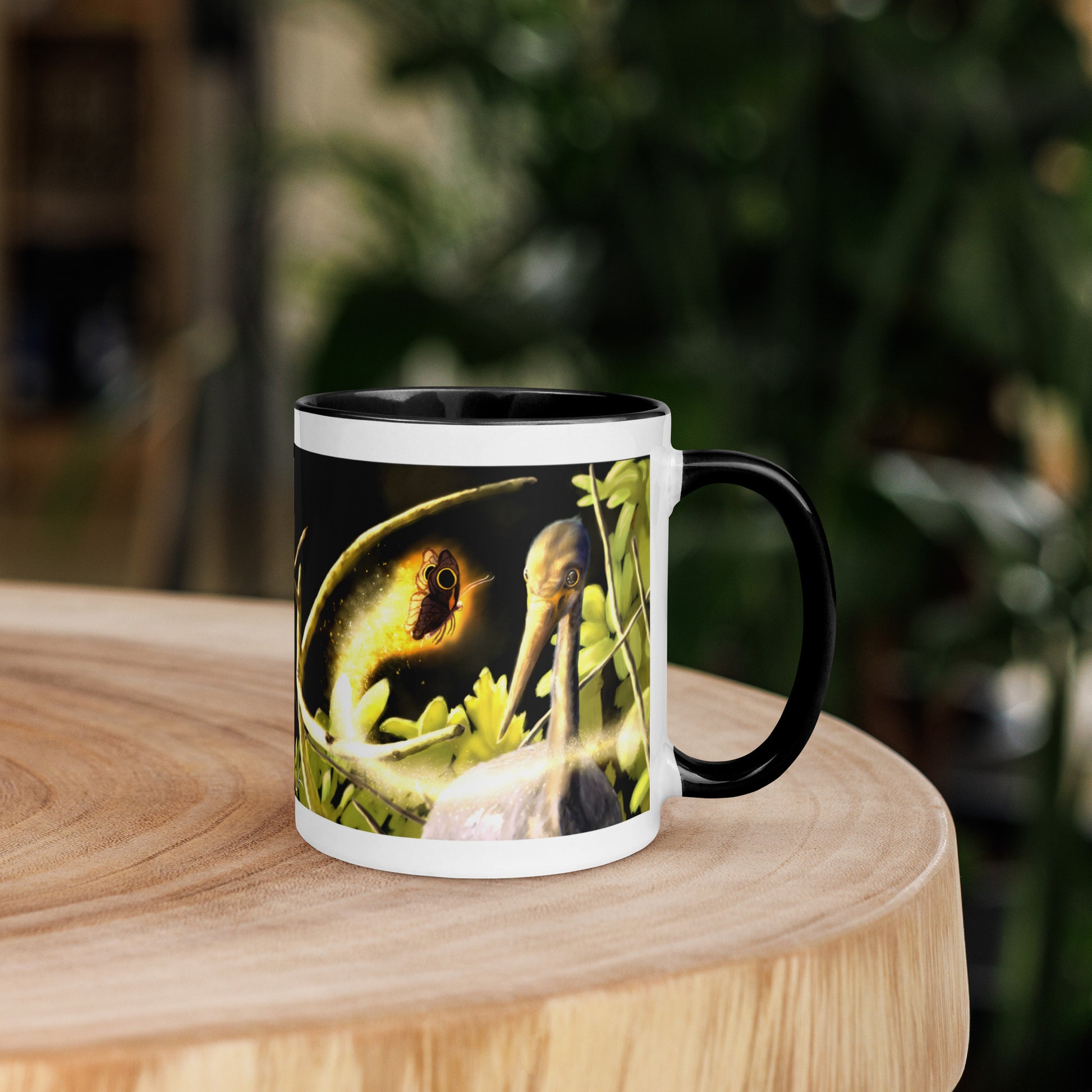 This printed mug of a digital painting is the first image in an ongoing series where animals meet special glowing insects face to face. In this particular encounter, a tricolor crane meets a luminescent butterfly. This digital wildlife animal painting print design is printed on colored mugs perfect for delicious beverages.