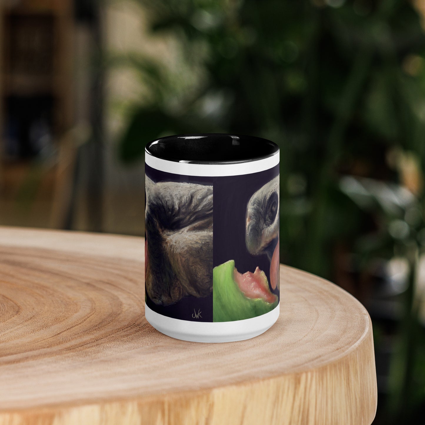 This digital wildlife animal painting print design is of a very cute tortoise munching on a juicy watermelon. These animals have large chubby bodies contained within massive heavy shells along with cute and sympathetic eyes. This digital wildlife animal painting print design is printed on colored mugs perfect for enjoying your favorite beverages.