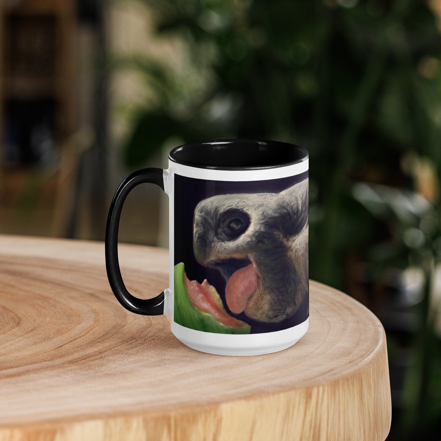 This digital wildlife animal painting print design is of a very cute tortoise munching on a juicy watermelon. These animals have large chubby bodies contained within massive heavy shells along with cute and sympathetic eyes. This digital wildlife animal painting print design is printed on colored mugs perfect for enjoying your favorite beverages.