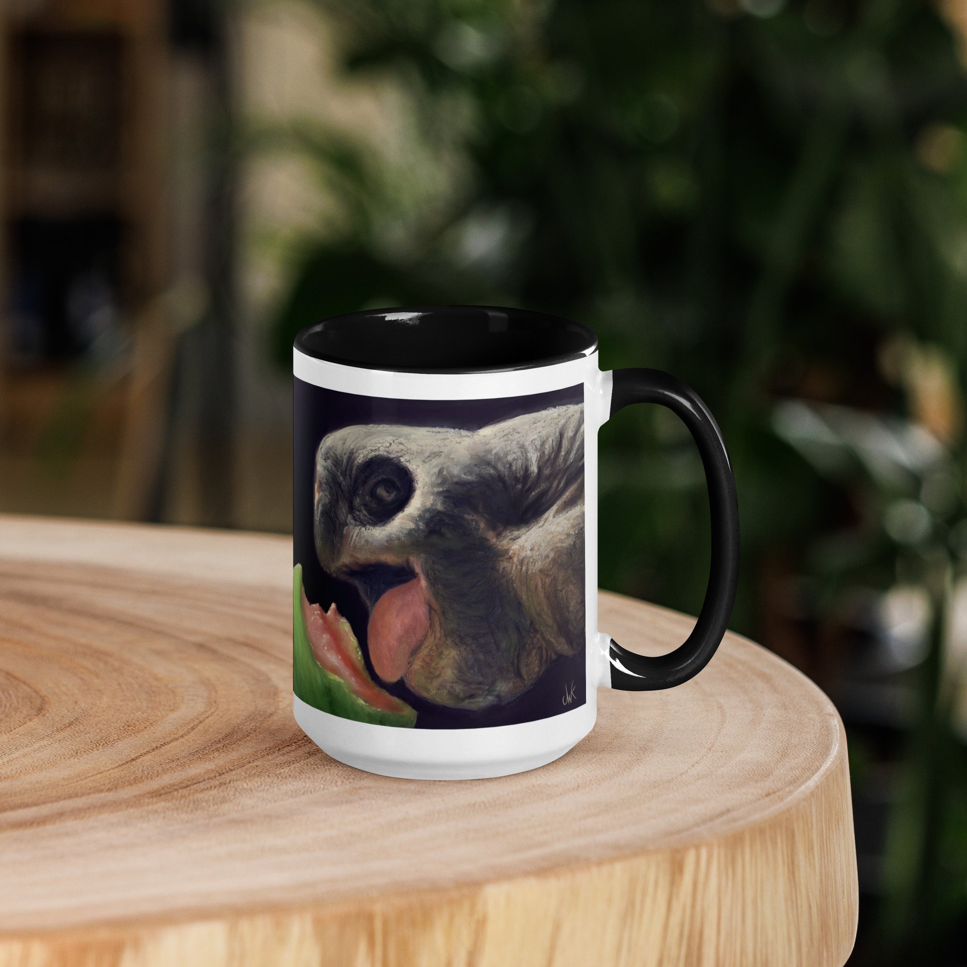 This digital wildlife animal painting print design is of a very cute tortoise munching on a juicy watermelon. These animals have large chubby bodies contained within massive heavy shells along with cute and sympathetic eyes. This digital wildlife animal painting print design is printed on colored mugs perfect for enjoying your favorite beverages.