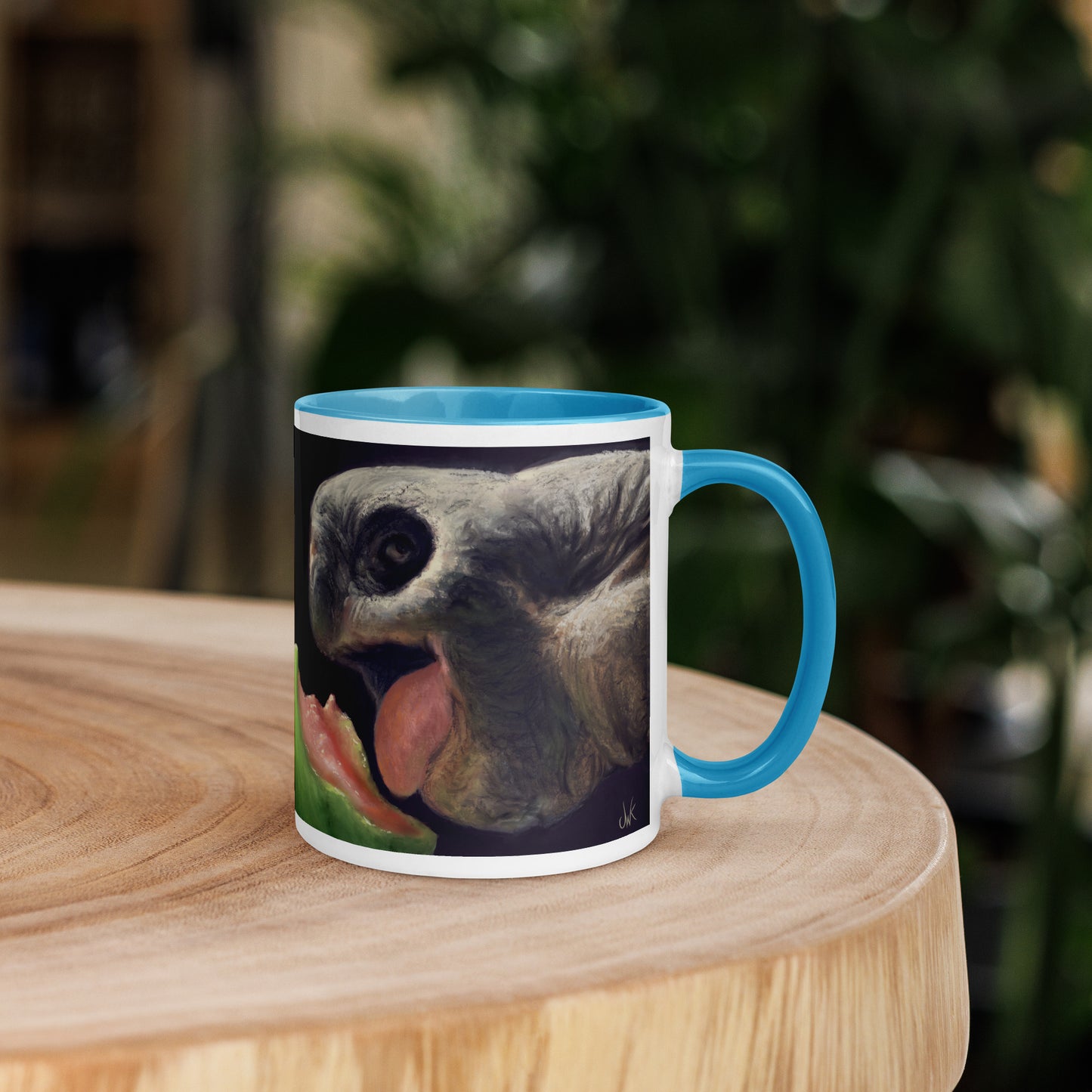 This digital wildlife animal painting print design is of a very cute tortoise munching on a juicy watermelon. These animals have large chubby bodies contained within massive heavy shells along with cute and sympathetic eyes. This digital wildlife animal painting print design is printed on colored mugs perfect for enjoying your favorite beverages.