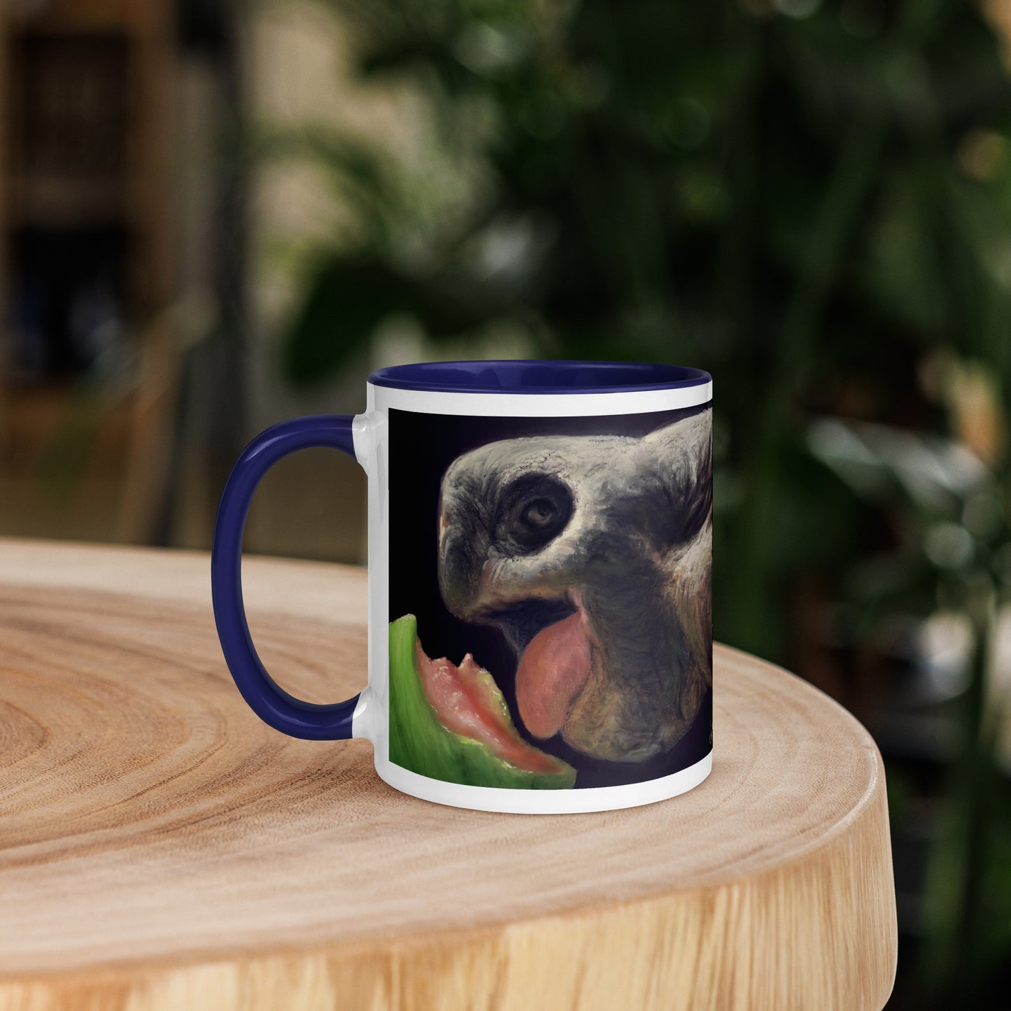 This digital wildlife animal painting print design is of a very cute tortoise munching on a juicy watermelon. These animals have large chubby bodies contained within massive heavy shells along with cute and sympathetic eyes. This digital wildlife animal painting print design is printed on colored mugs perfect for enjoying your favorite beverages.