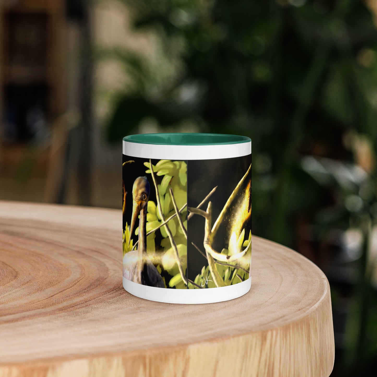 This printed mug of a digital painting is the first image in an ongoing series where animals meet special glowing insects face to face. In this particular encounter, a tricolor crane meets a luminescent butterfly. This digital wildlife animal painting print design is printed on colored mugs perfect for delicious beverages.