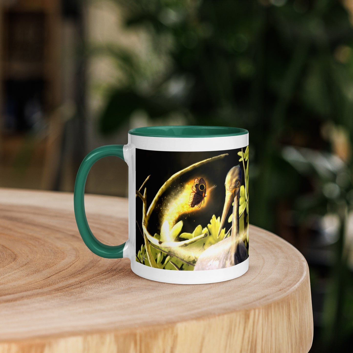 This printed mug of a digital painting is the first image in an ongoing series where animals meet special glowing insects face to face. In this particular encounter, a tricolor crane meets a luminescent butterfly. This digital wildlife animal painting print design is printed on colored mugs perfect for delicious beverages.