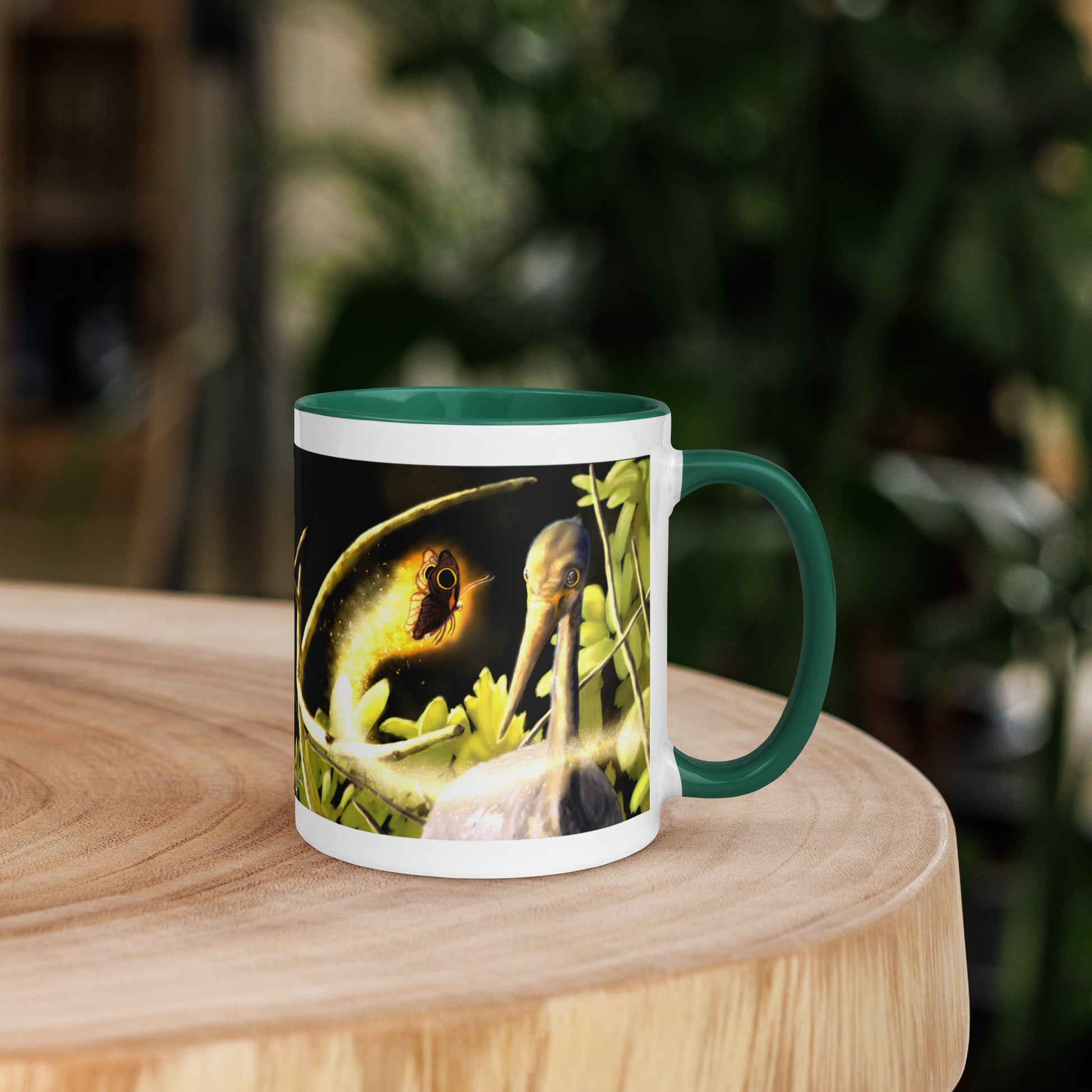 This printed mug of a digital painting is the first image in an ongoing series where animals meet special glowing insects face to face. In this particular encounter, a tricolor crane meets a luminescent butterfly. This digital wildlife animal painting print design is printed on colored mugs perfect for delicious beverages.