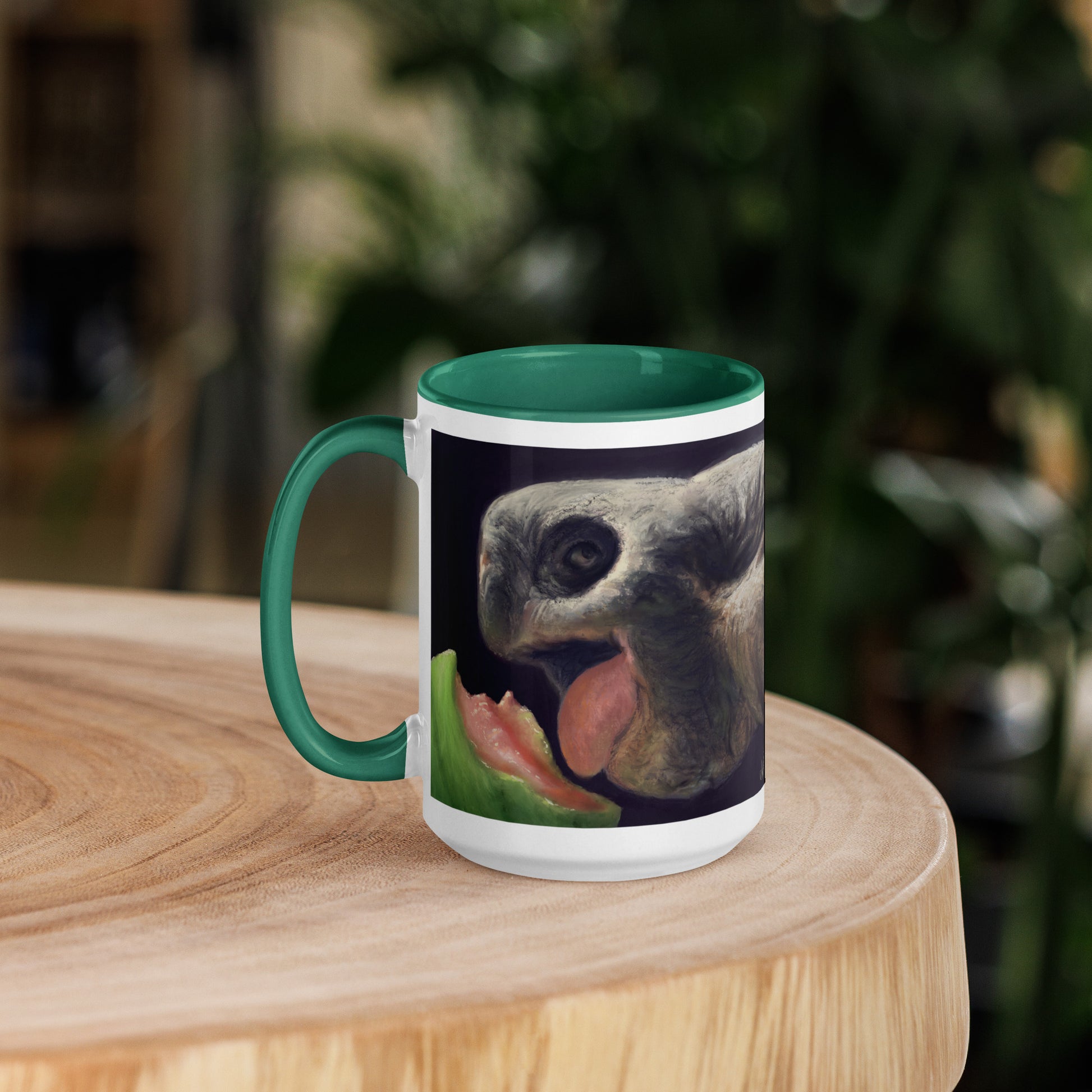 This digital wildlife animal painting print design is of a very cute tortoise munching on a juicy watermelon. These animals have large chubby bodies contained within massive heavy shells along with cute and sympathetic eyes. This digital wildlife animal painting print design is printed on colored mugs perfect for enjoying your favorite beverages.