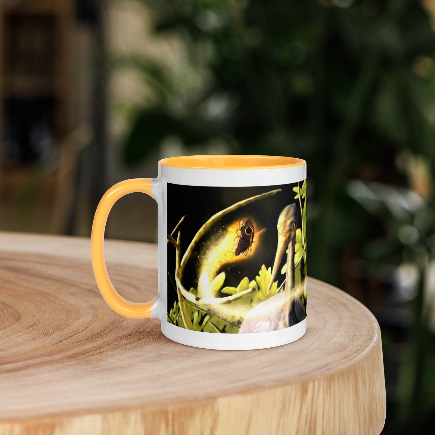 This printed mug of a digital painting is the first image in an ongoing series where animals meet special glowing insects face to face. In this particular encounter, a tricolor crane meets a luminescent butterfly. This digital wildlife animal painting print design is printed on colored mugs perfect for delicious beverages.