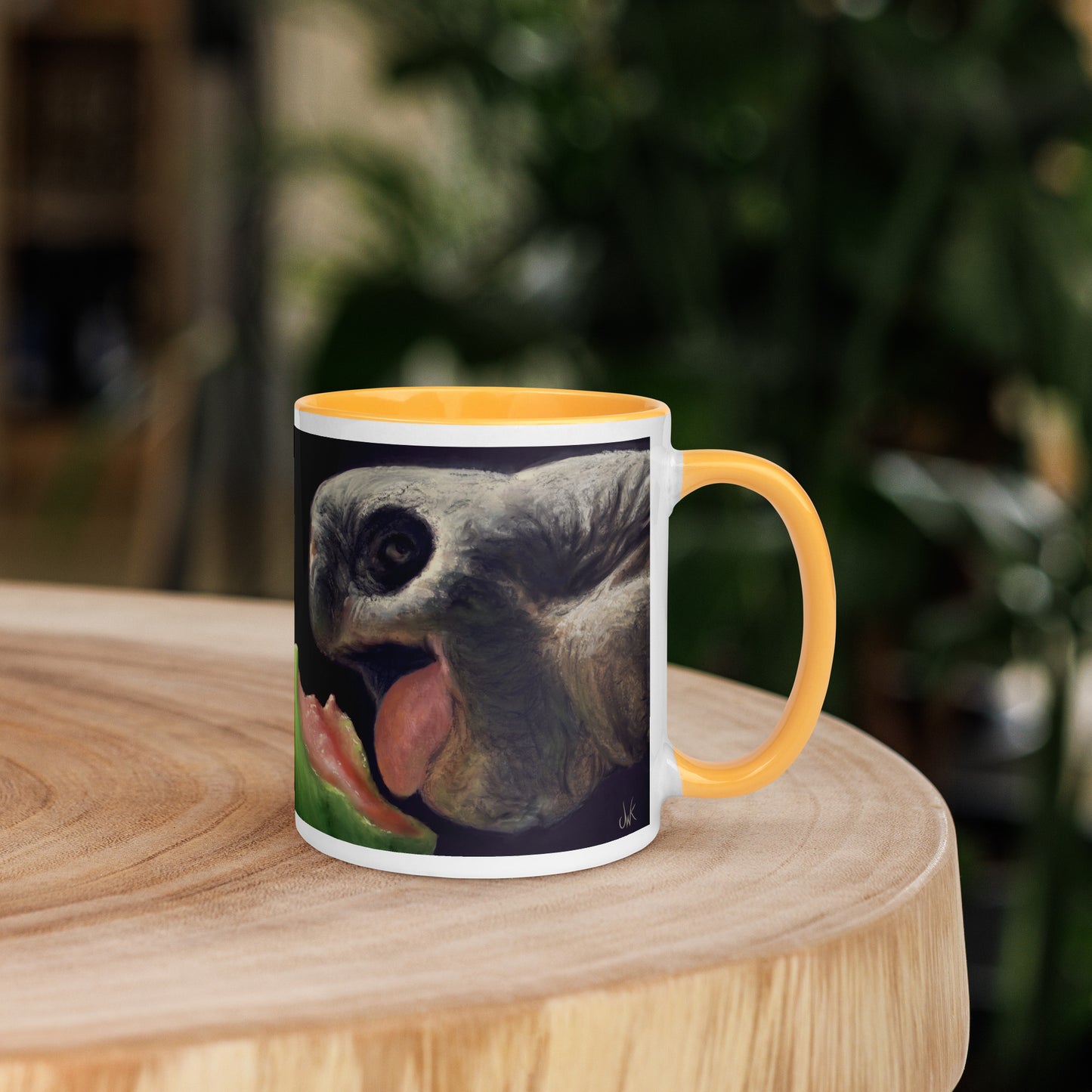 This digital wildlife animal painting print design is of a very cute tortoise munching on a juicy watermelon. These animals have large chubby bodies contained within massive heavy shells along with cute and sympathetic eyes. This digital wildlife animal painting print design is printed on colored mugs perfect for enjoying your favorite beverages.