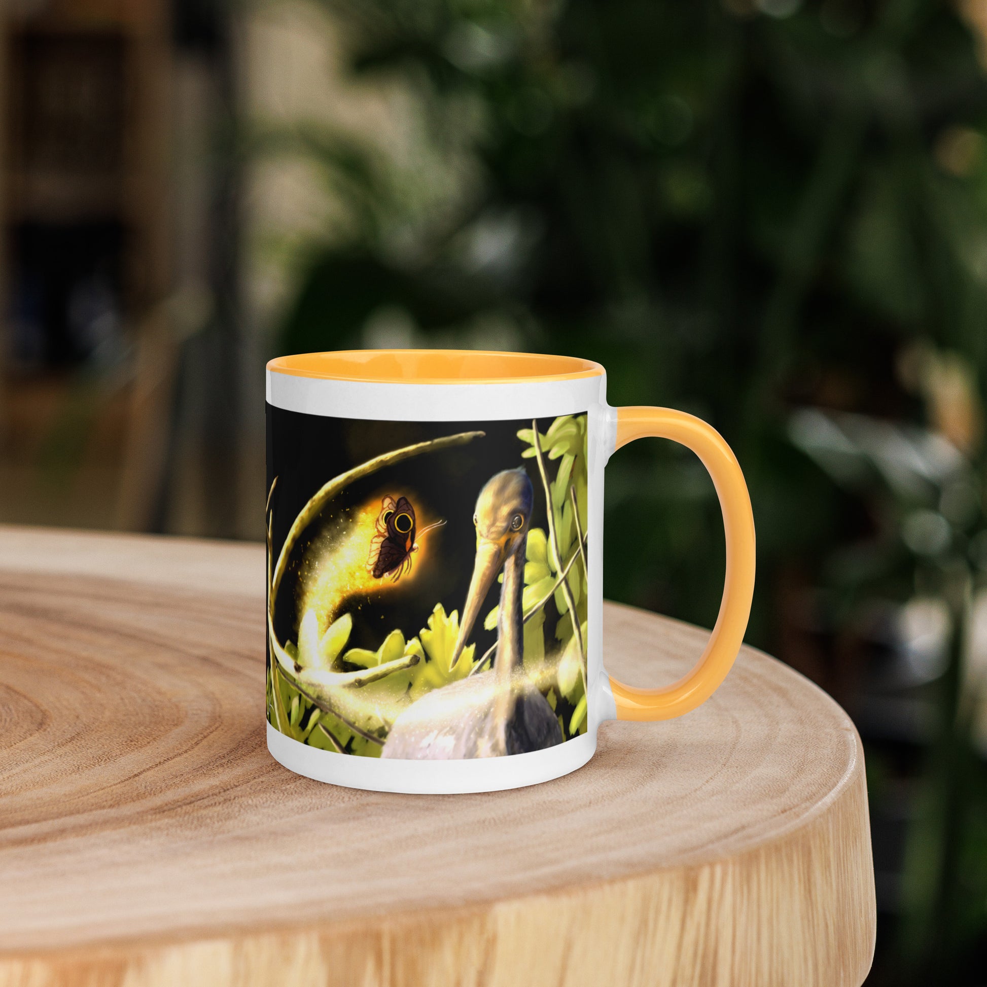 This printed mug of a digital painting is the first image in an ongoing series where animals meet special glowing insects face to face. In this particular encounter, a tricolor crane meets a luminescent butterfly. This digital wildlife animal painting print design is printed on colored mugs perfect for delicious beverages.