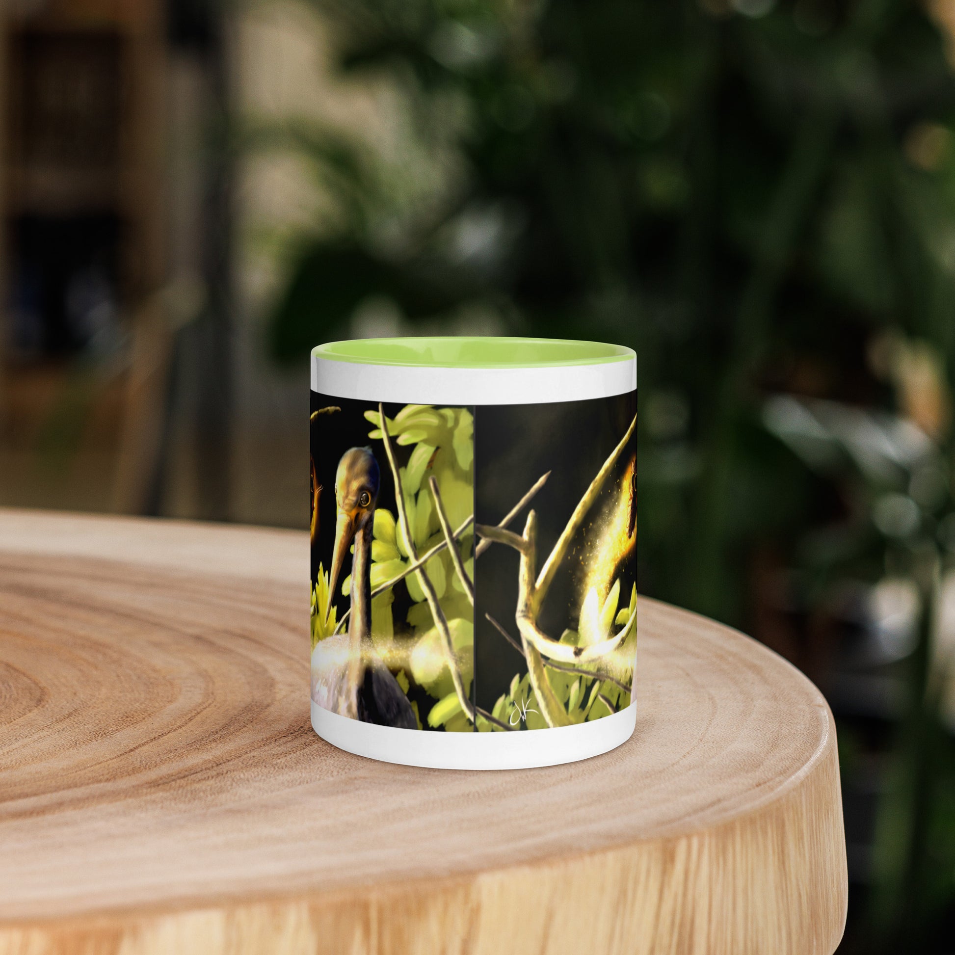 This printed mug of a digital painting is the first image in an ongoing series where animals meet special glowing insects face to face. In this particular encounter, a tricolor crane meets a luminescent butterfly. This digital wildlife animal painting print design is printed on colored mugs perfect for delicious beverages.