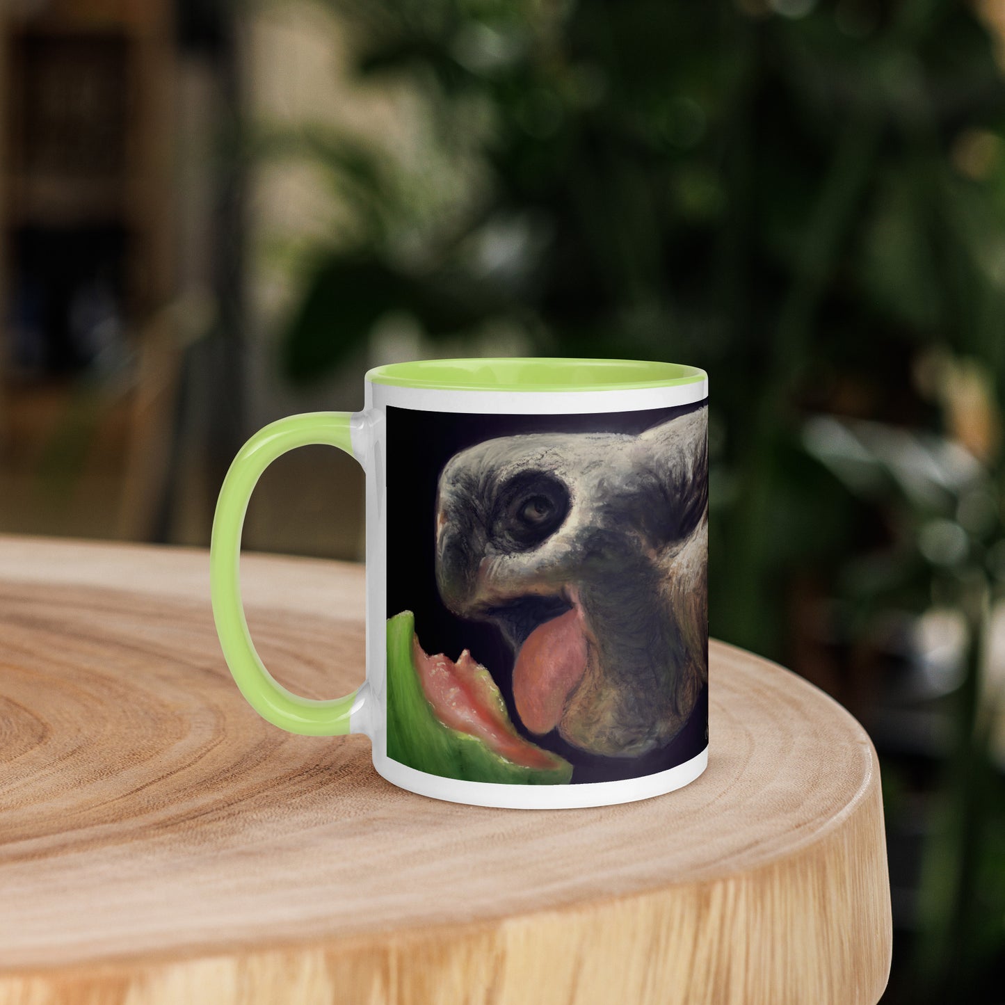 This digital wildlife animal painting print design is of a very cute tortoise munching on a juicy watermelon. These animals have large chubby bodies contained within massive heavy shells along with cute and sympathetic eyes. This digital wildlife animal painting print design is printed on colored mugs perfect for enjoying your favorite beverages.