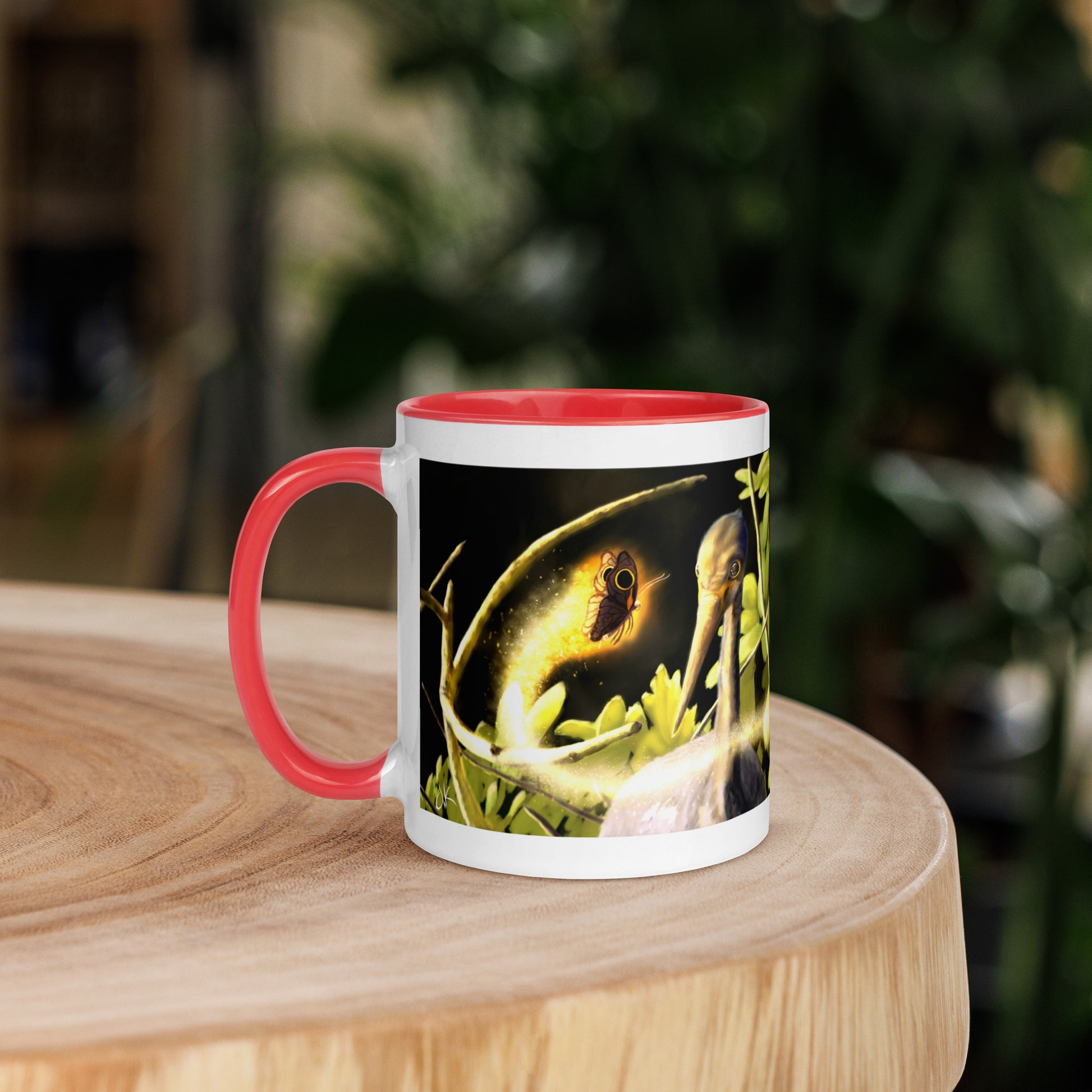 This printed mug of a digital painting is the first image in an ongoing series where animals meet special glowing insects face to face. In this particular encounter, a tricolor crane meets a luminescent butterfly. This digital wildlife animal painting print design is printed on colored mugs perfect for delicious beverages.