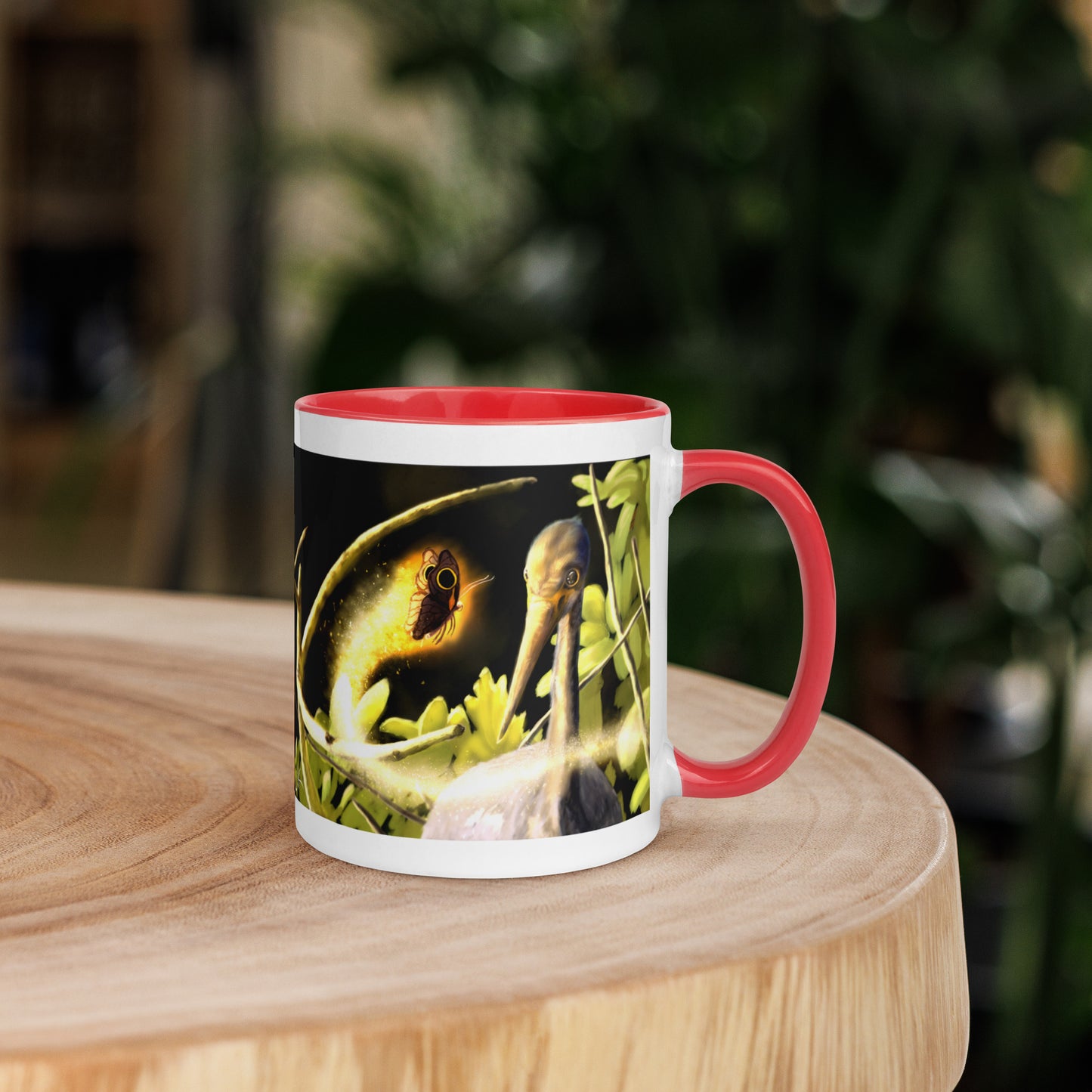 This printed mug of a digital painting is the first image in an ongoing series where animals meet special glowing insects face to face. In this particular encounter, a tricolor crane meets a luminescent butterfly. This digital wildlife animal painting print design is printed on colored mugs perfect for delicious beverages.