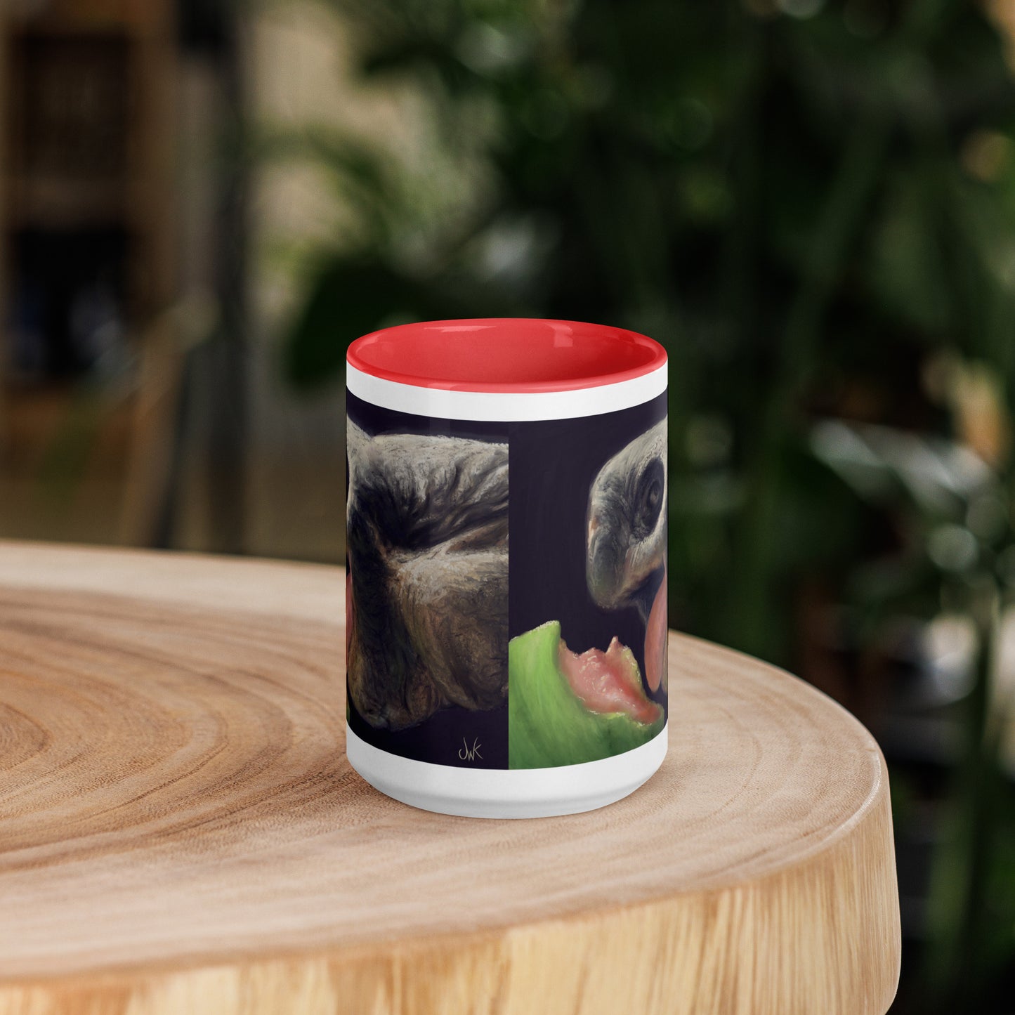 This digital wildlife animal painting print design is of a very cute tortoise munching on a juicy watermelon. These animals have large chubby bodies contained within massive heavy shells along with cute and sympathetic eyes. This digital wildlife animal painting print design is printed on colored mugs perfect for enjoying your favorite beverages.