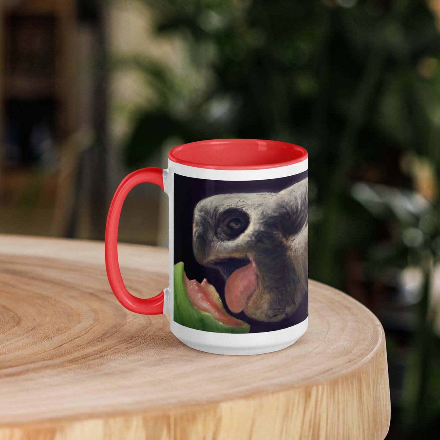 This digital wildlife animal painting print design is of a very cute tortoise munching on a juicy watermelon. These animals have large chubby bodies contained within massive heavy shells along with cute and sympathetic eyes. This digital wildlife animal painting print design is printed on colored mugs perfect for enjoying your favorite beverages.