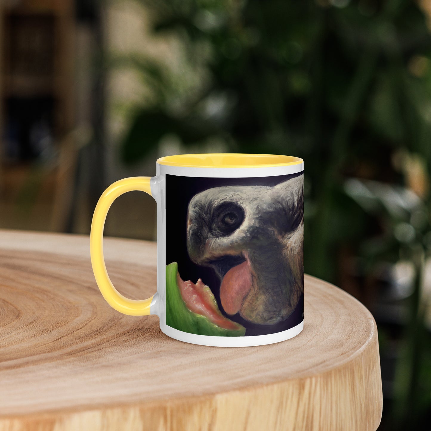 This digital wildlife animal painting print design is of a very cute tortoise munching on a juicy watermelon. These animals have large chubby bodies contained within massive heavy shells along with cute and sympathetic eyes. This digital wildlife animal painting print design is printed on colored mugs perfect for enjoying your favorite beverages.