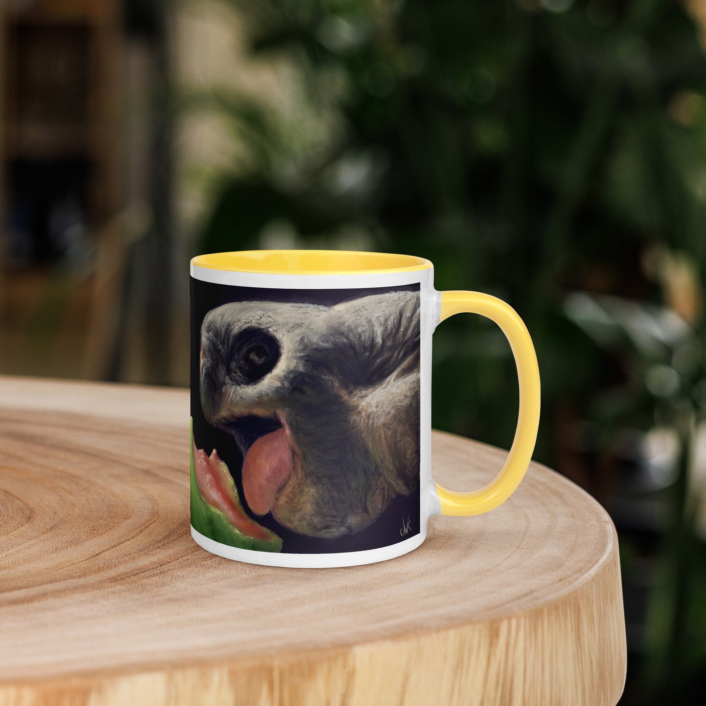 This digital wildlife animal painting print design is of a very cute tortoise munching on a juicy watermelon. These animals have large chubby bodies contained within massive heavy shells along with cute and sympathetic eyes. This digital wildlife animal painting print design is printed on colored mugs perfect for enjoying your favorite beverages.